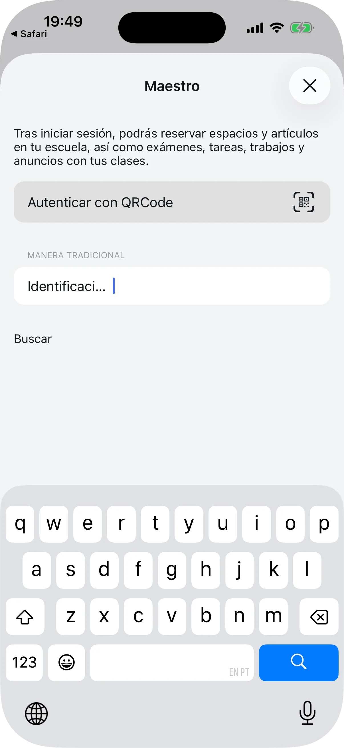 Pantalla de bienvenida del profesor con opciones de código QR y Manera Tradicional