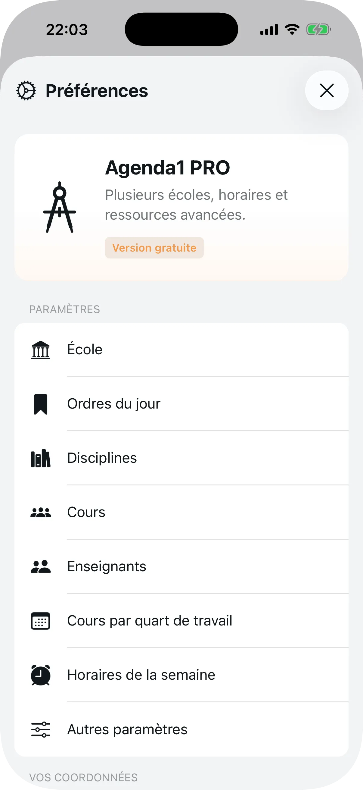 Menu Préférences avec les paramètres de configuration de l'établissement