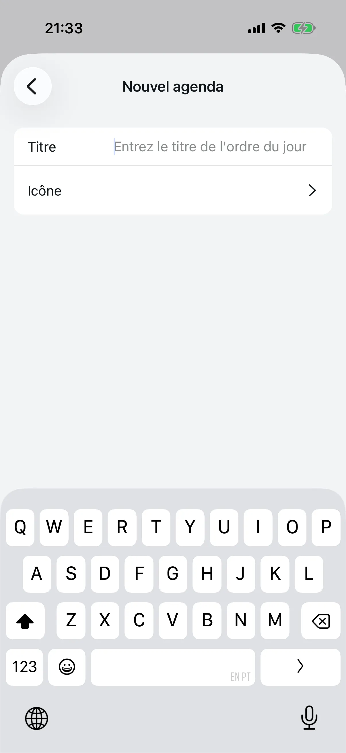 Écran de création d'agenda avec champ de titre et sélection d'icône