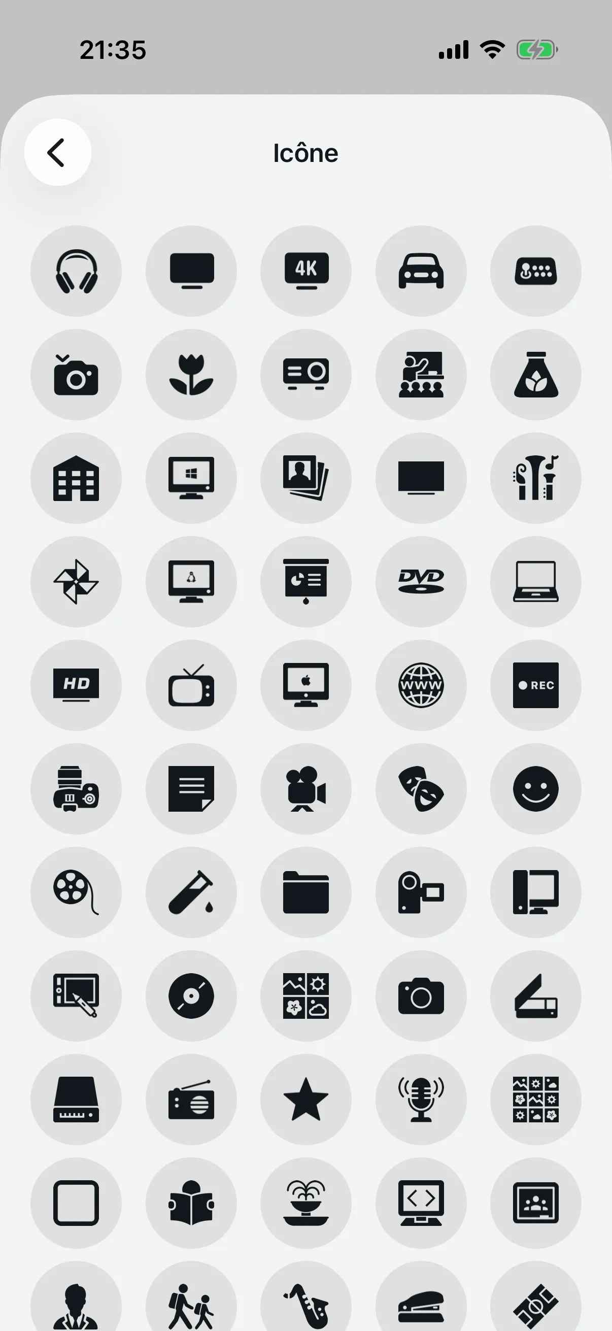 Grille d'icônes disponibles pour identifier chaque agenda