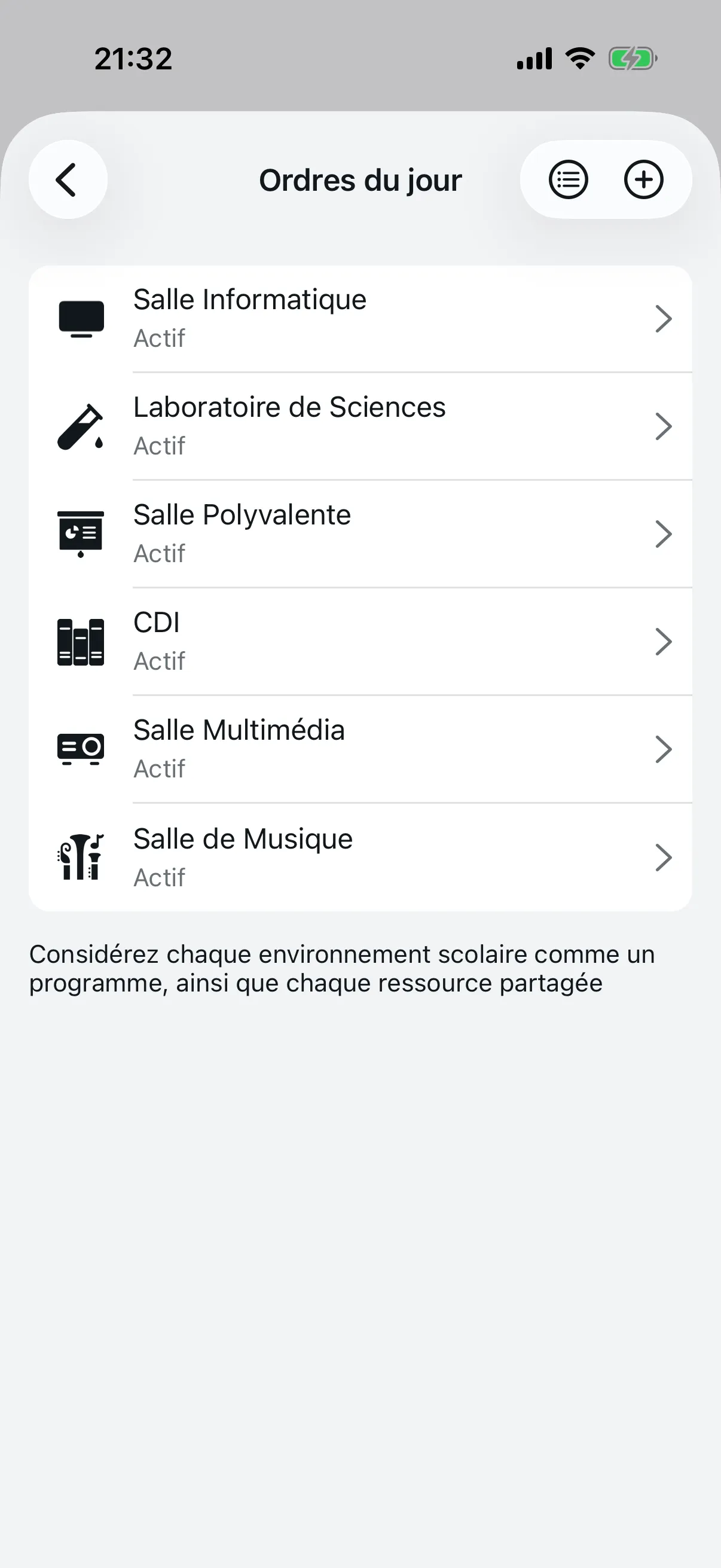 Liste des agendas créés avec icônes et statut