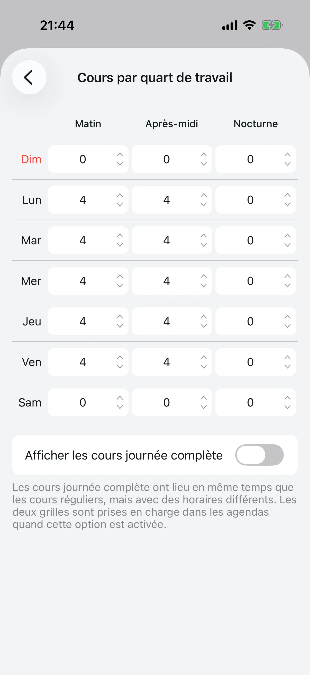 Grille des cours par créneau avec jours de la semaine et colonnes de créneaux
