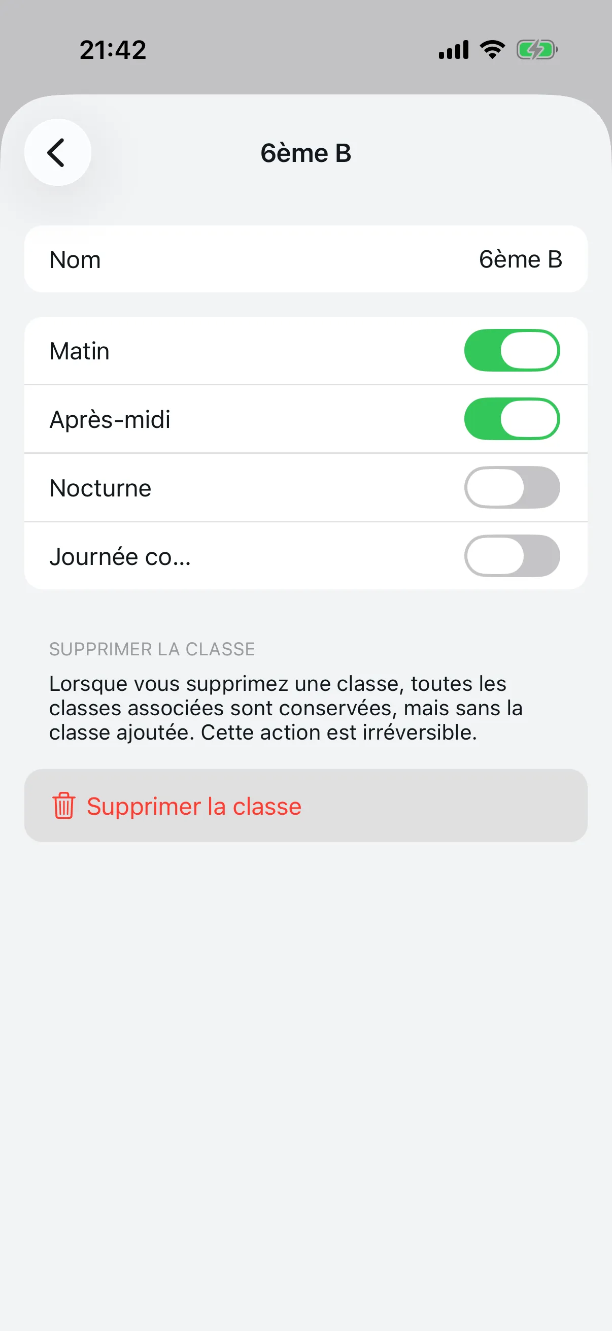 Détail d'un cours avec nom et créneaux sélectionnés