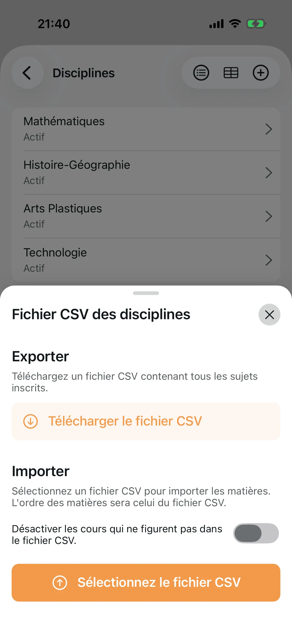 Fenêtre d'importation et d'exportation de disciplines par CSV