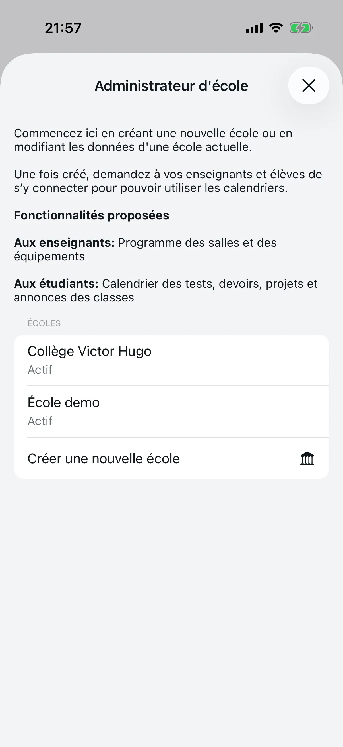 Écran de gestion des établissements avec option de création