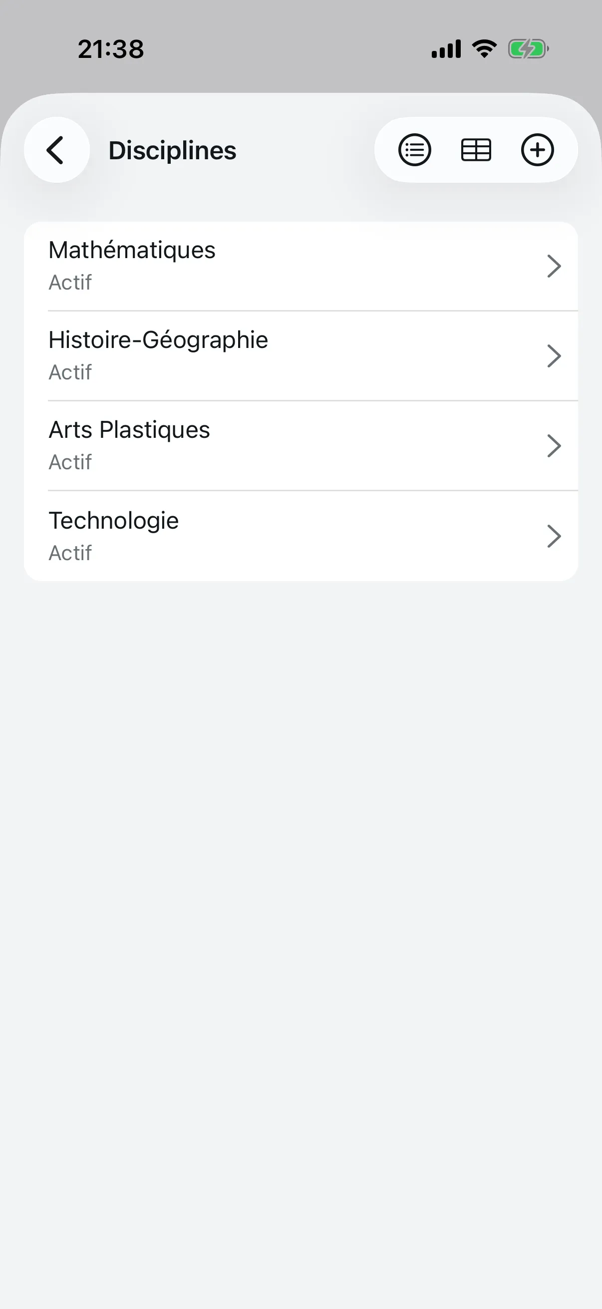 Liste des disciplines ajoutées avec statut actif