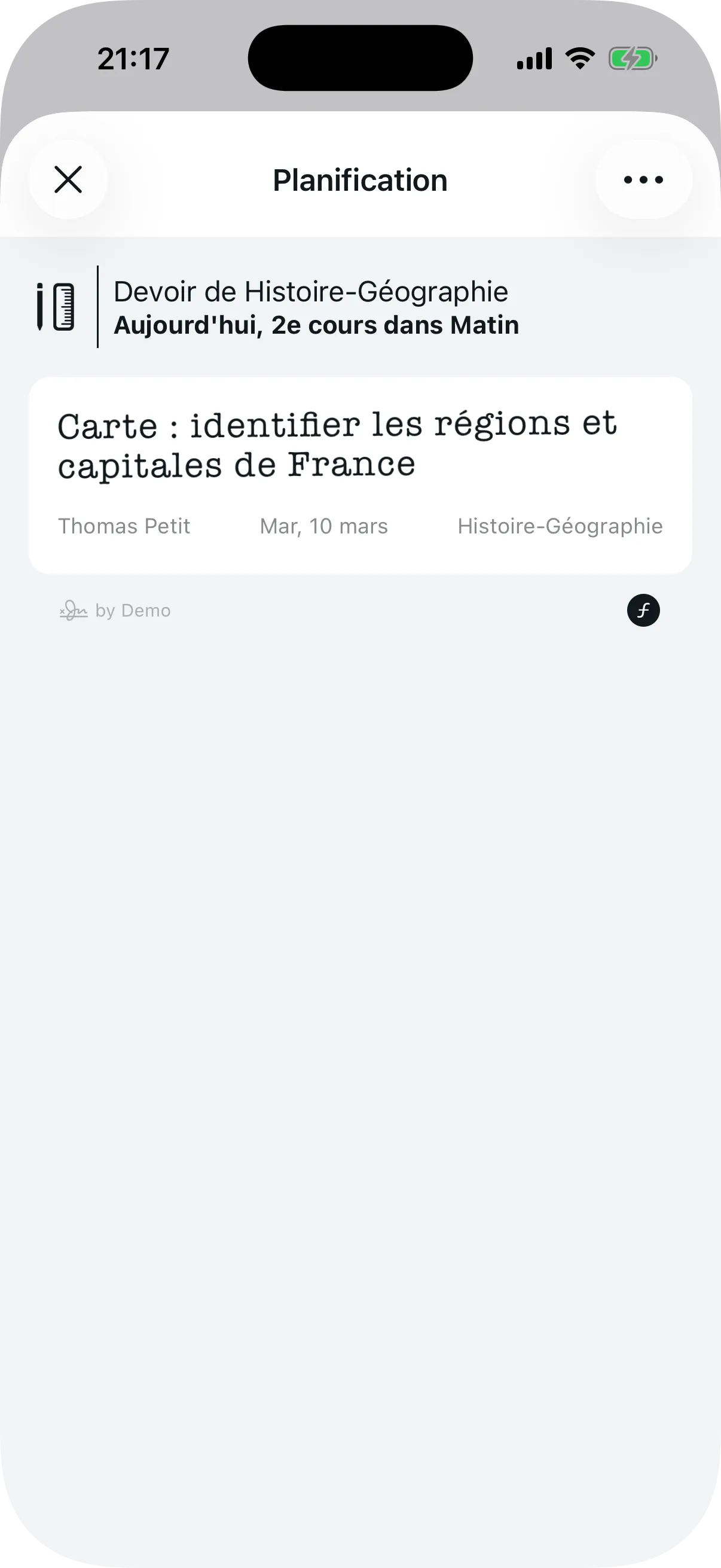 Détail d'un rendez-vous avec titre, discipline, professeur et date