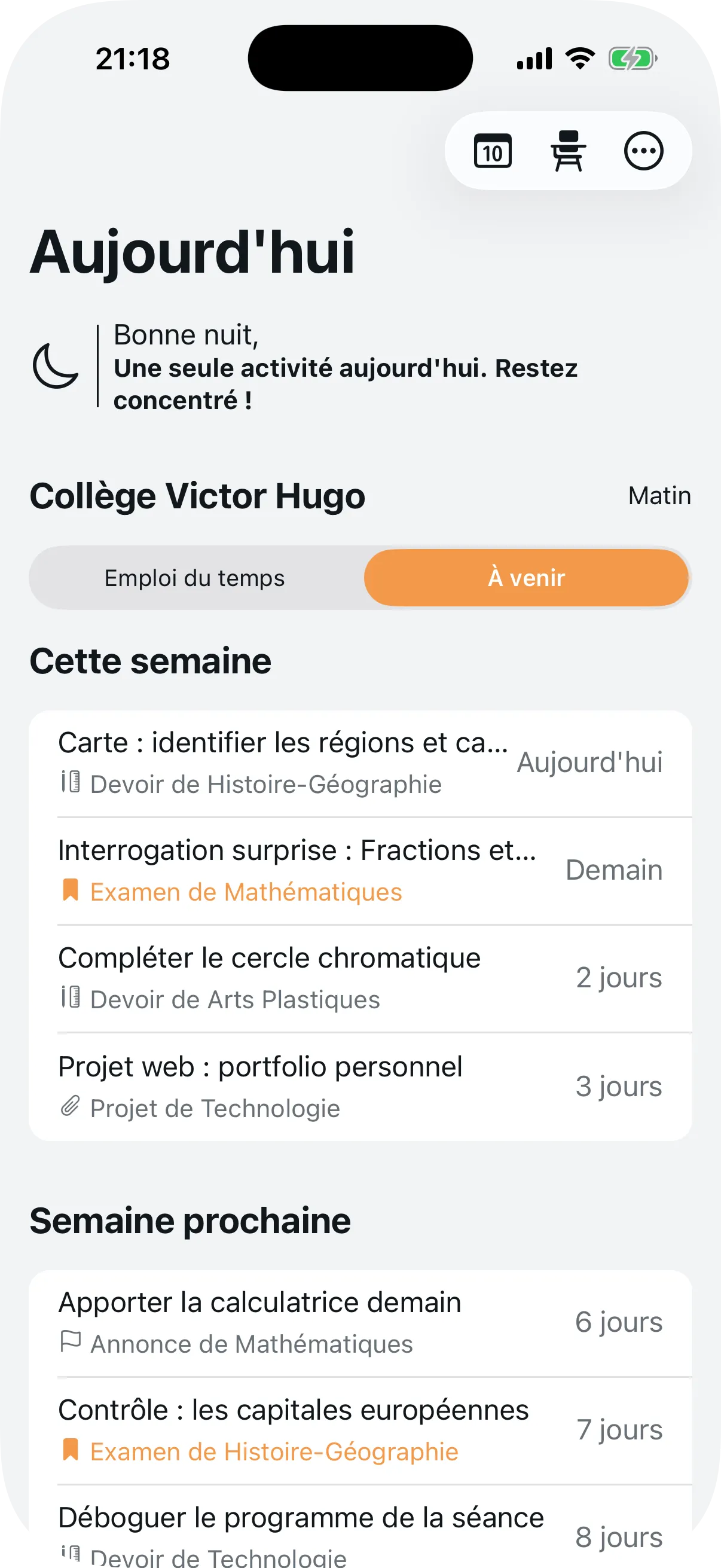 Vue À venir avec les rendez-vous futurs organisés par semaine