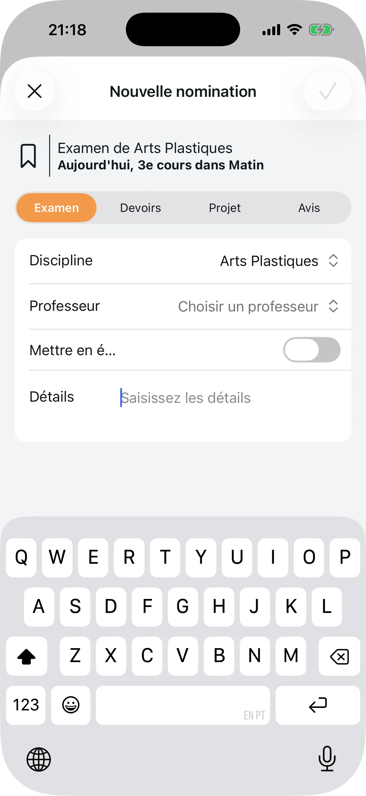 Formulaire de nouveau rendez-vous avec catégorie, discipline, professeur et détails