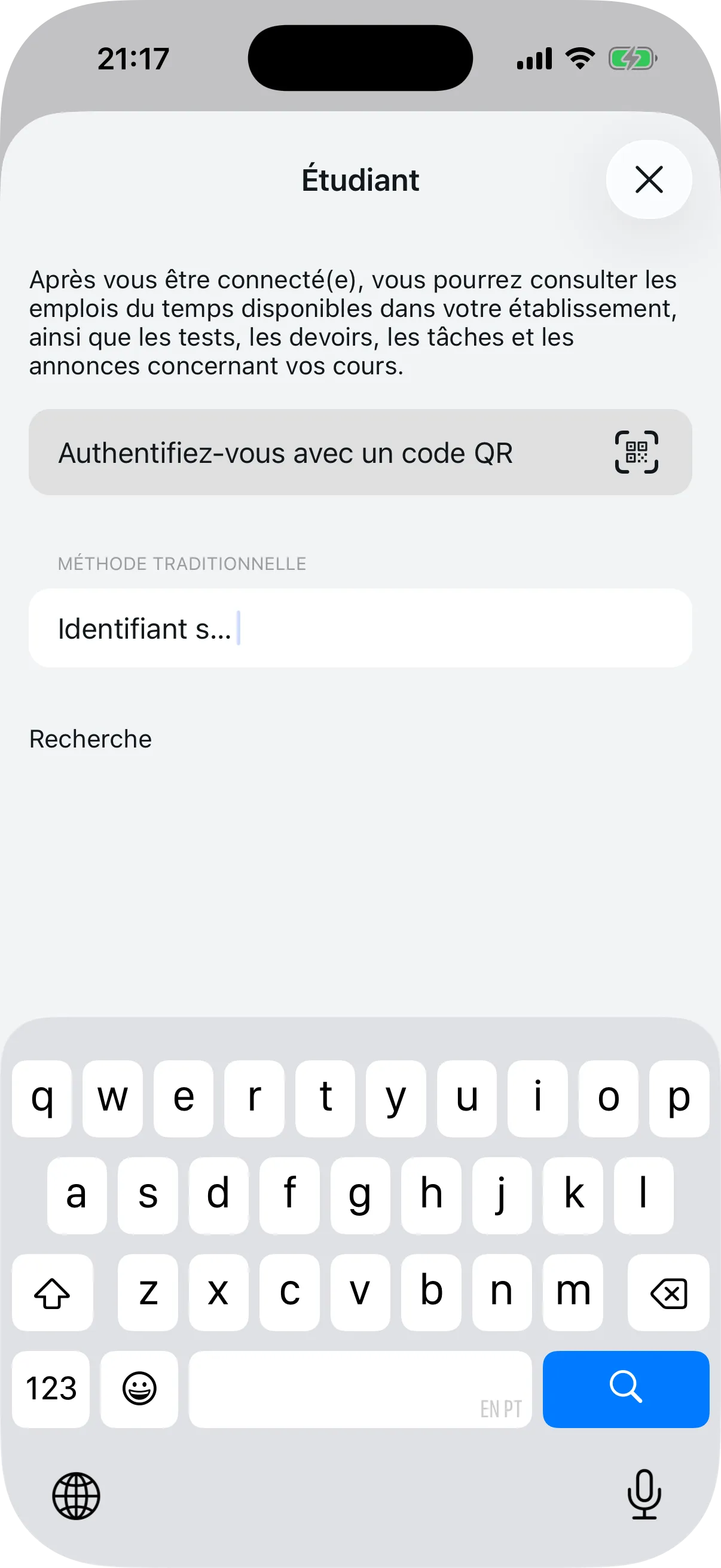 Écran de connexion de l'élève avec options QR Code et identifiant scolaire