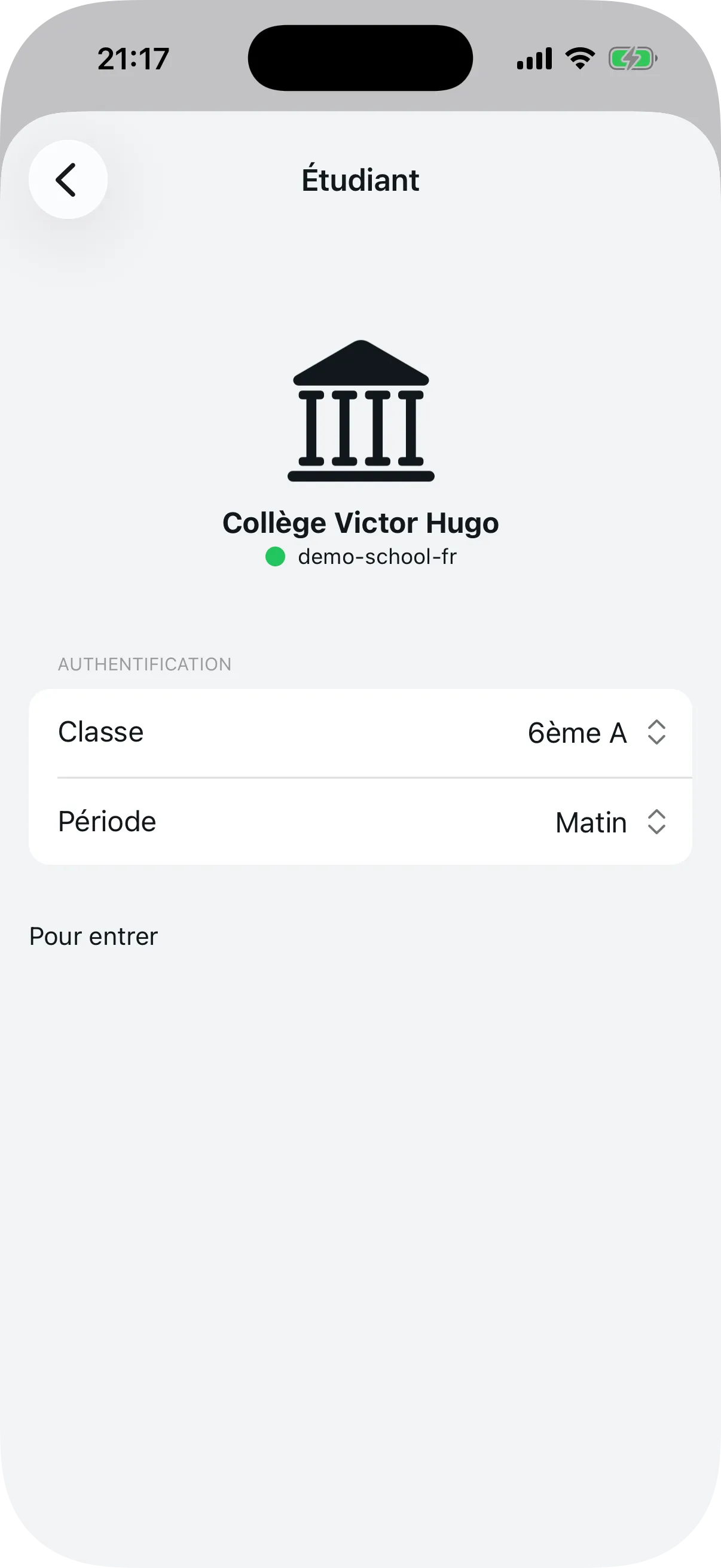 Écran de confirmation de l'école avec sélection de classe et période