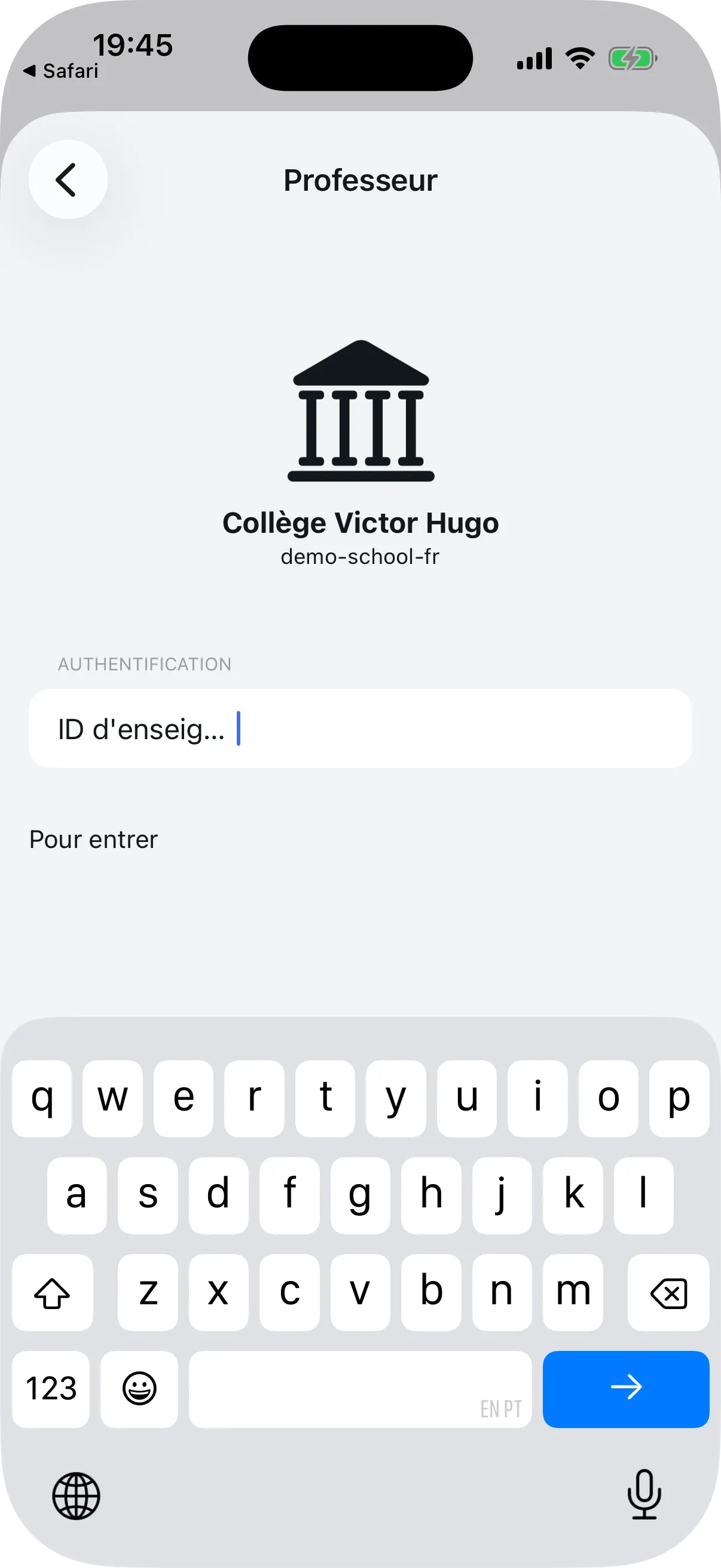 Ecran de confirmation de l'etablissement avec champ pour saisir l'identifiant enseignant