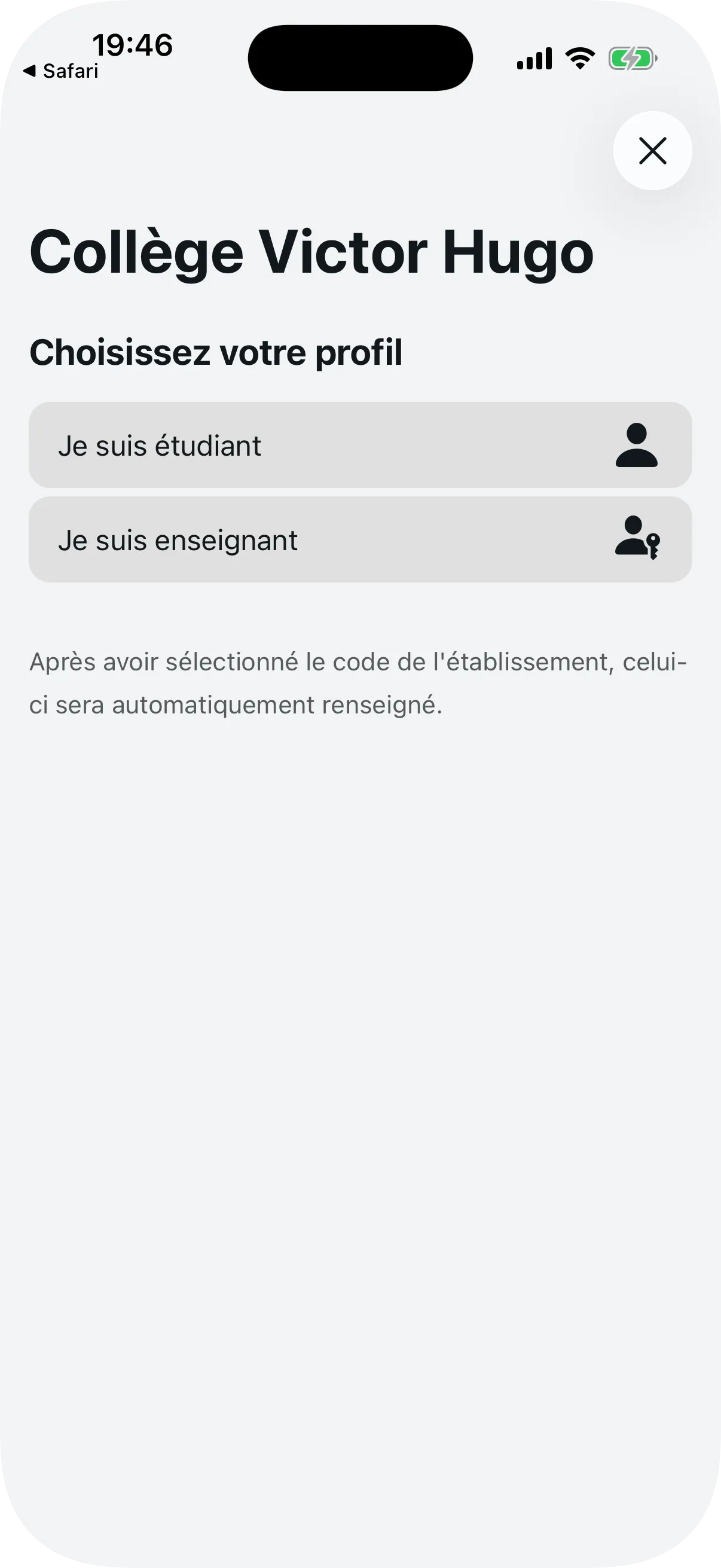 Selection du profil apres avoir ouvert le lien d'invitation de l'etablissement
