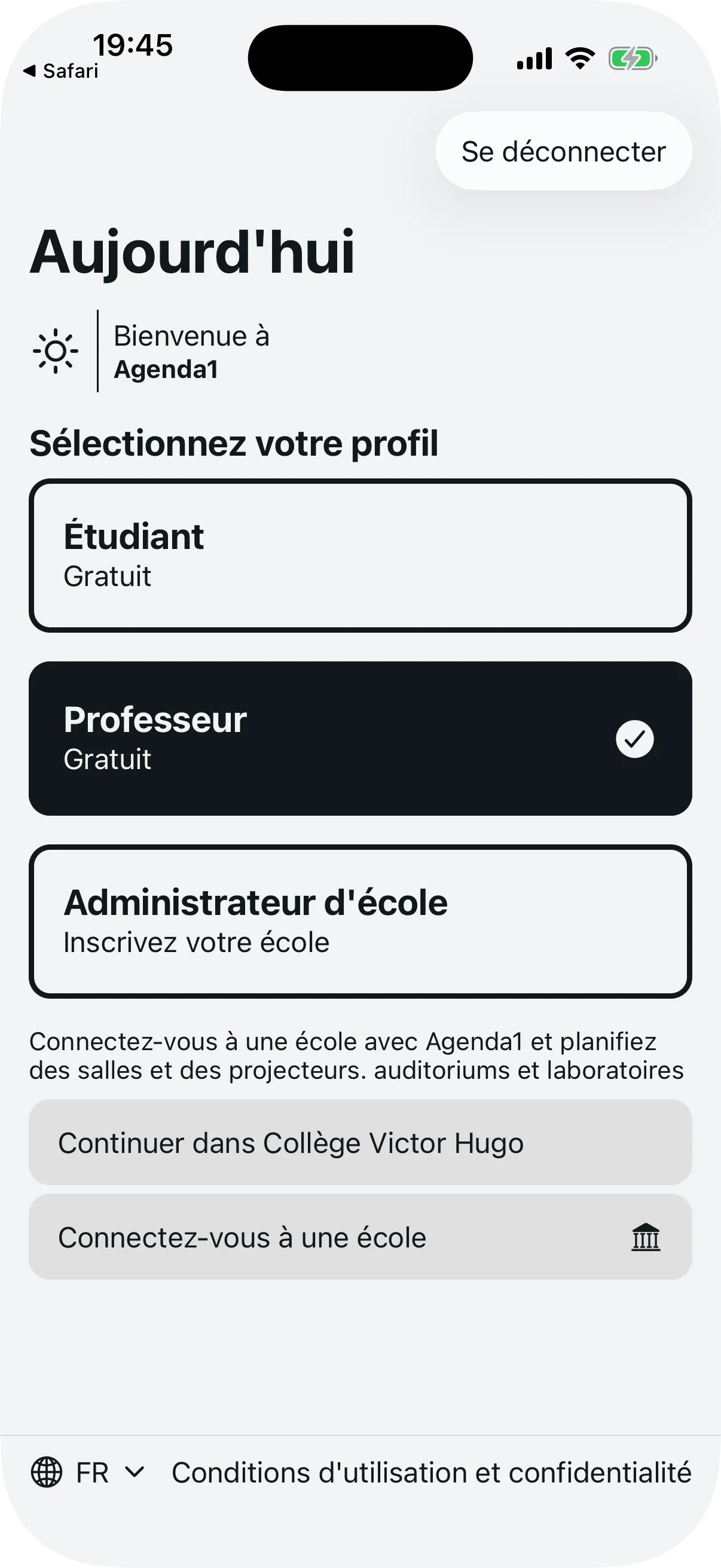 Ecran d'accueil d'Agenda1 avec le profil Professeur selectionne et bouton de connexion