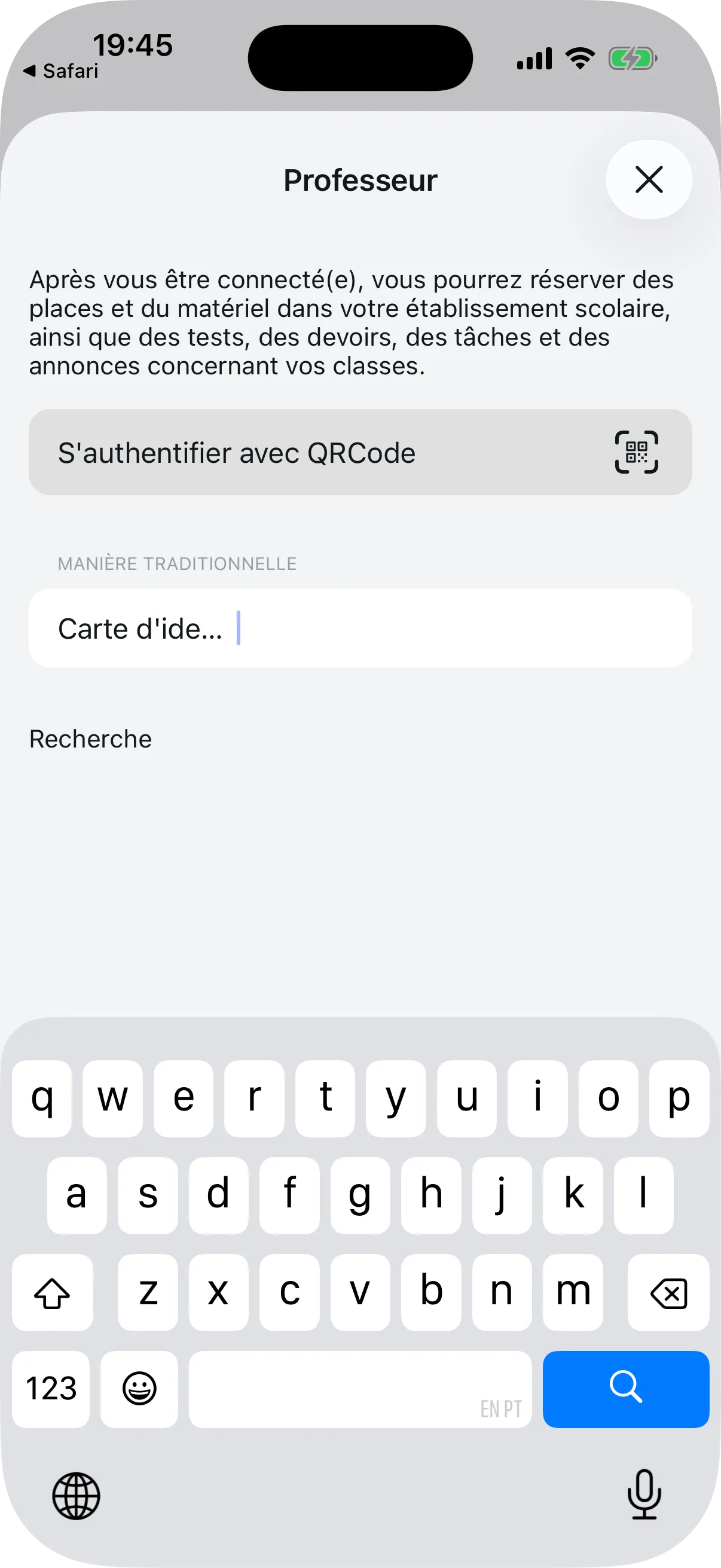 Ecran d'accueil de l'enseignant avec les options QR Code et Maniere Traditionnelle