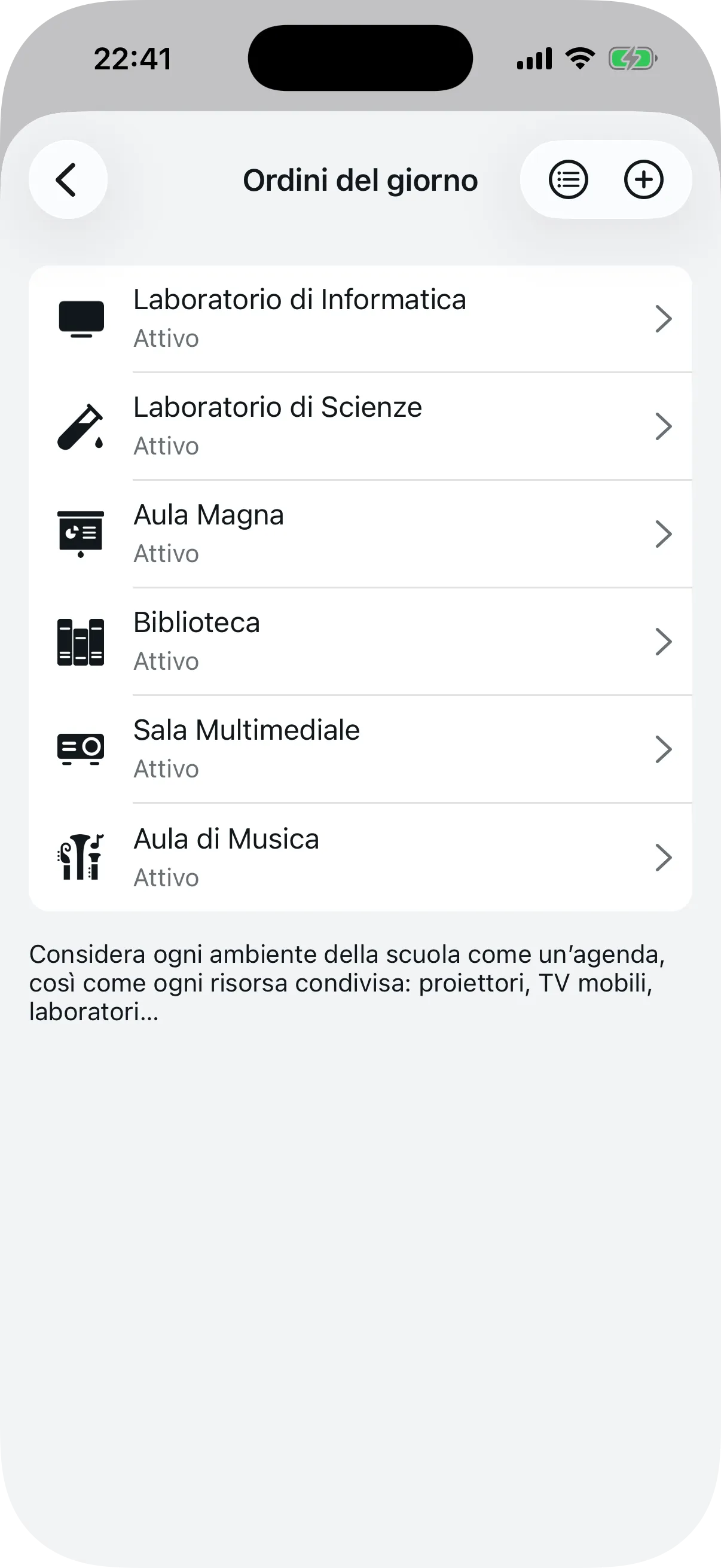 Schermata di creazione agenda con campo titolo e selezione icona