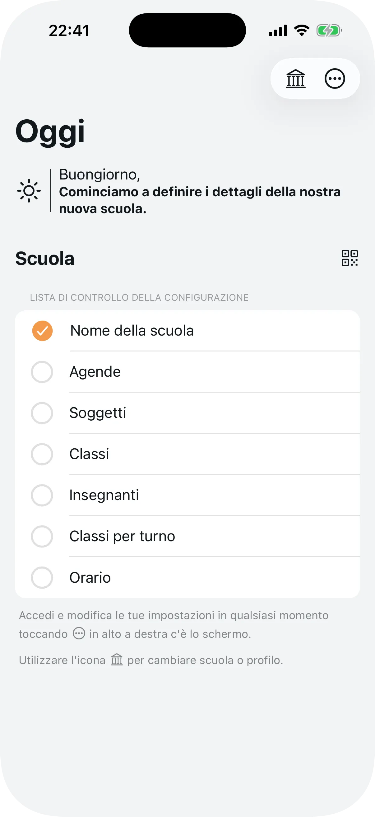 Checklist di configurazione nel pannello amministratore con 7 elementi da completare