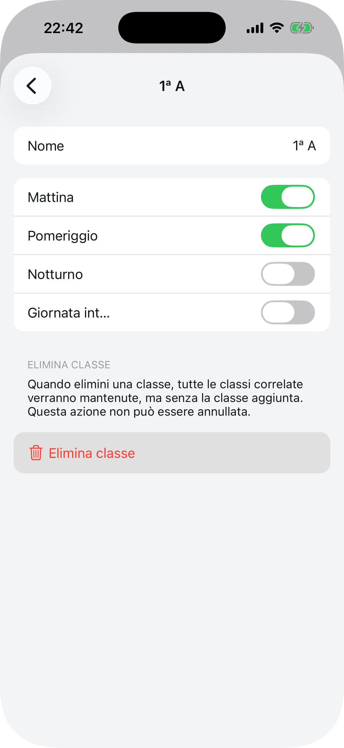 Dettaglio classe con nome e turni selezionati