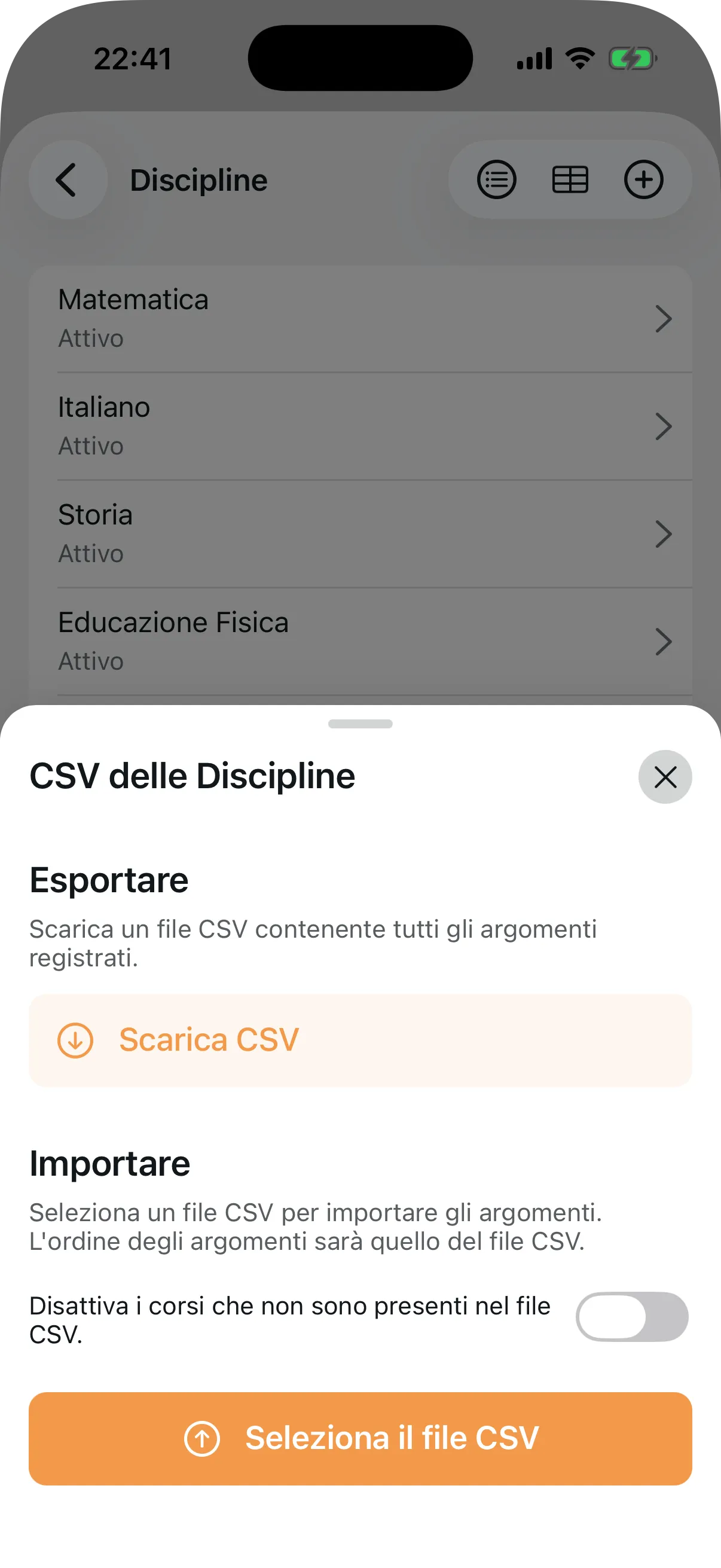 Modale di importazione ed esportazione CSV per le discipline