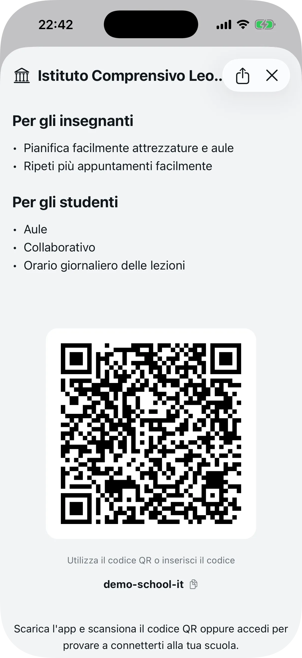 Schermata con codice QR per invitare insegnanti e studenti