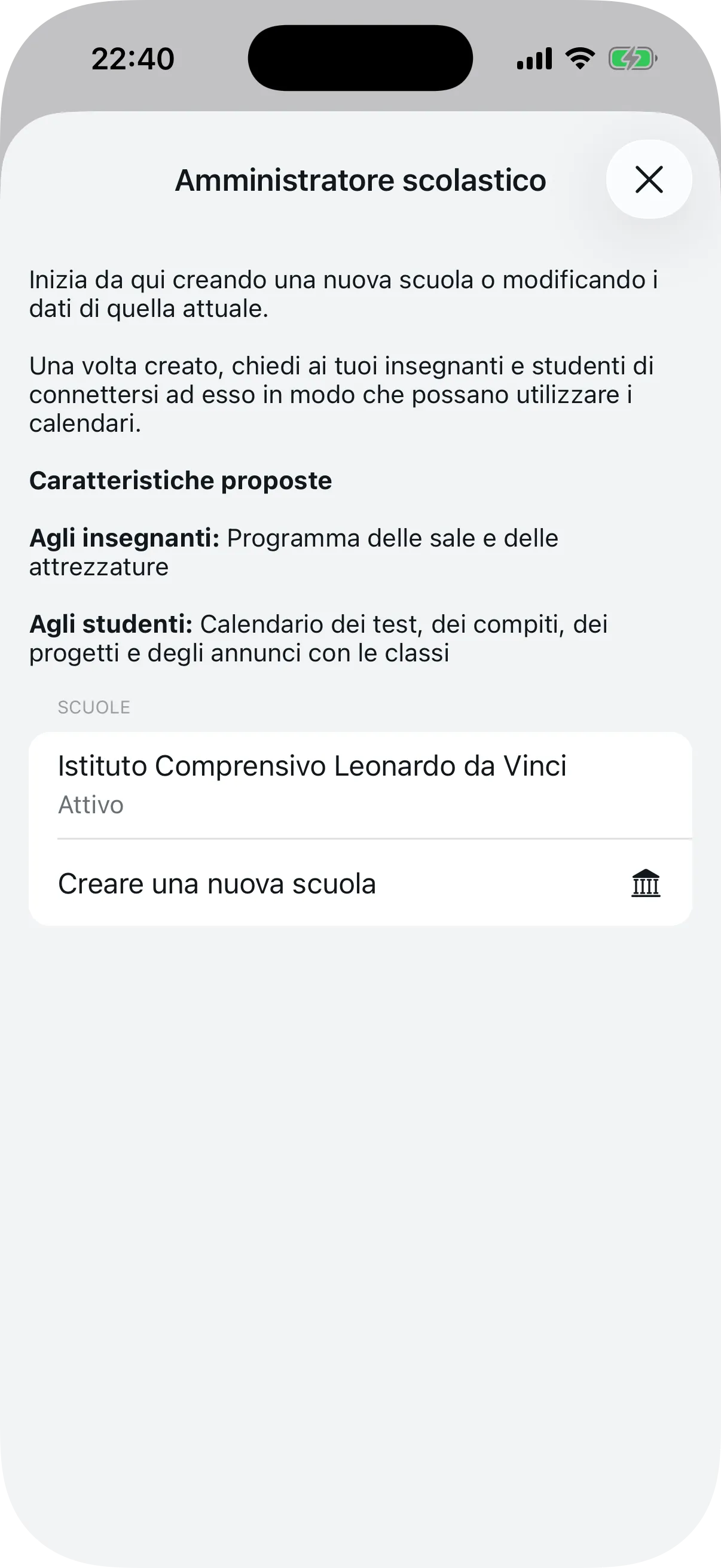Schermata di gestione scuole con opzione per creare una nuova scuola