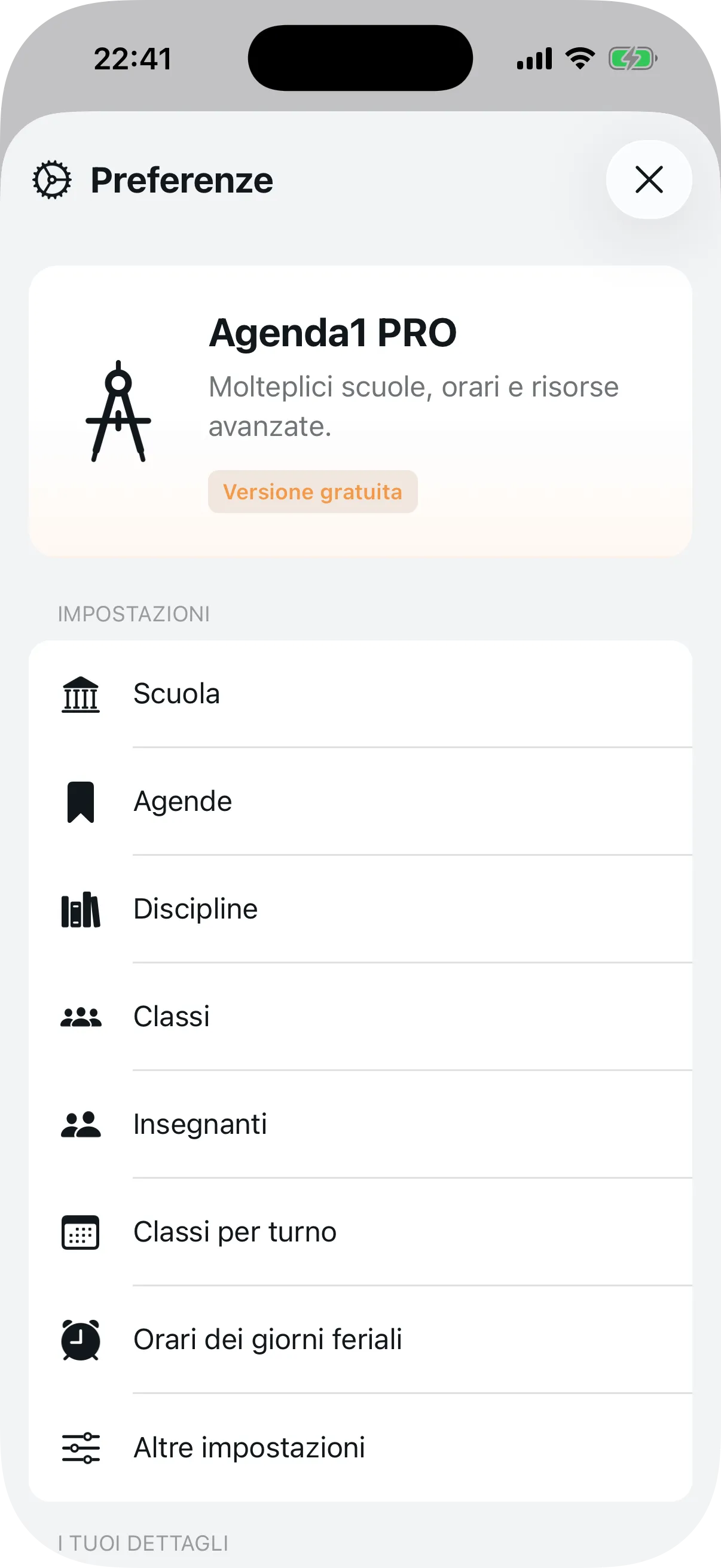 Menu Preferenze con accesso a tutte le opzioni di configurazione