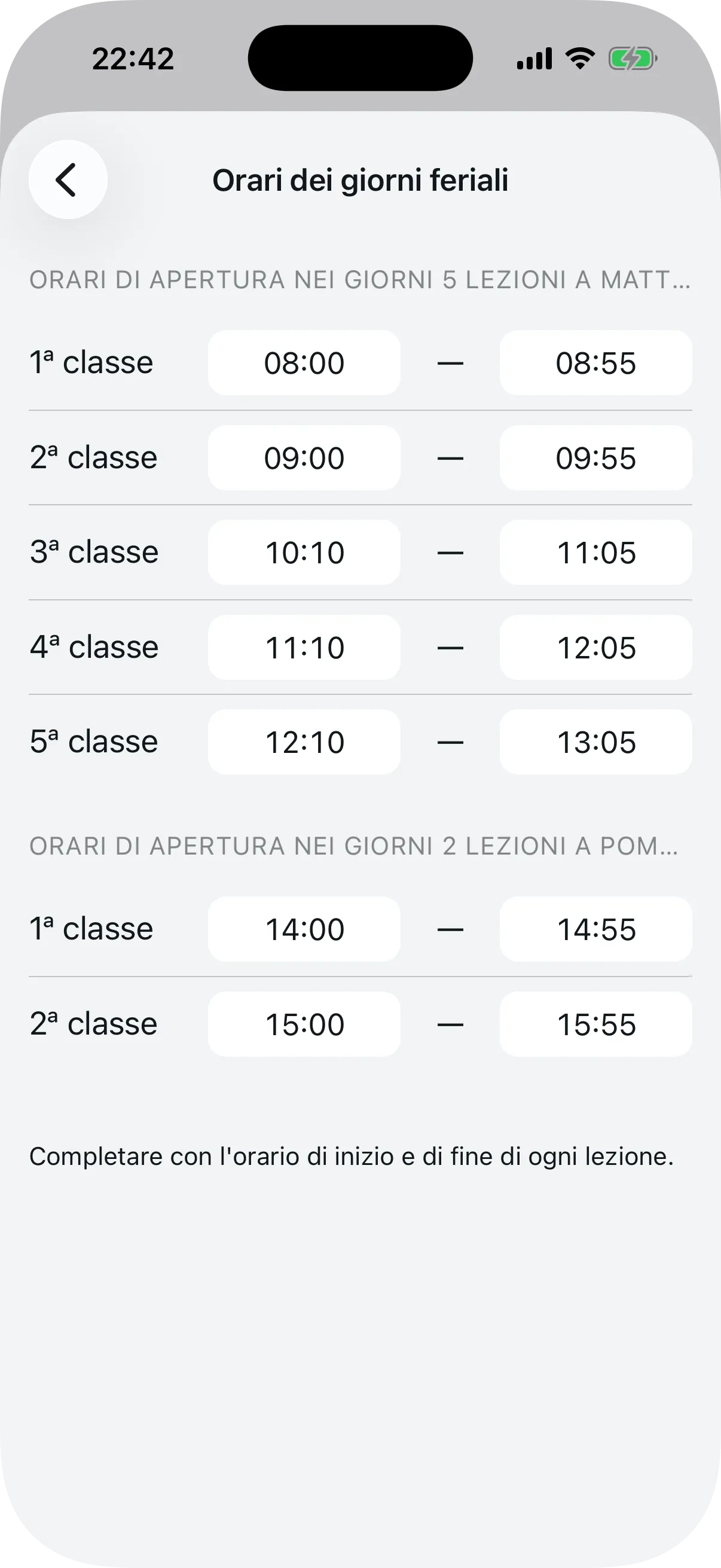 Schermata orari dei giorni feriali con ore di inizio e fine per ogni lezione
