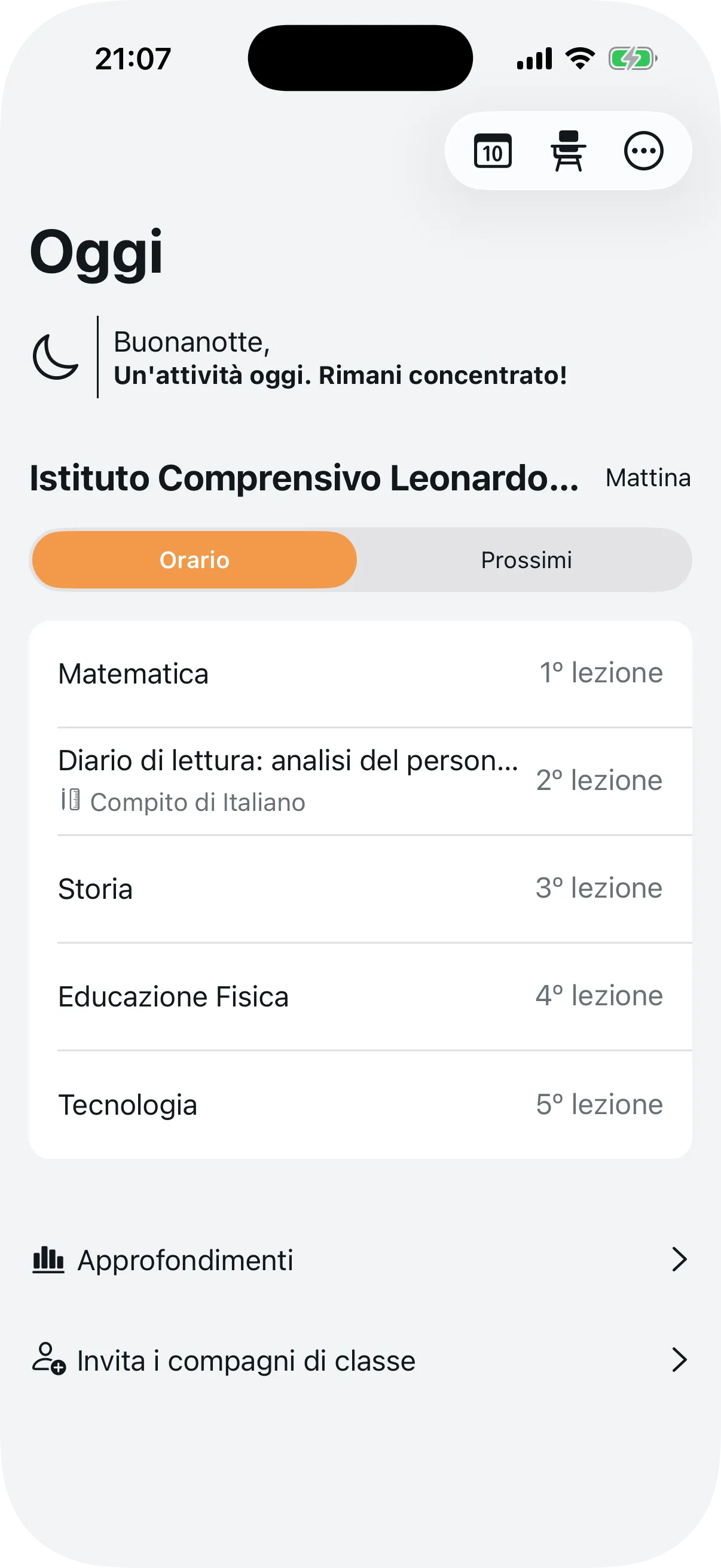 Pannello dello studente con l'orario delle lezioni del giorno e gli appuntamenti