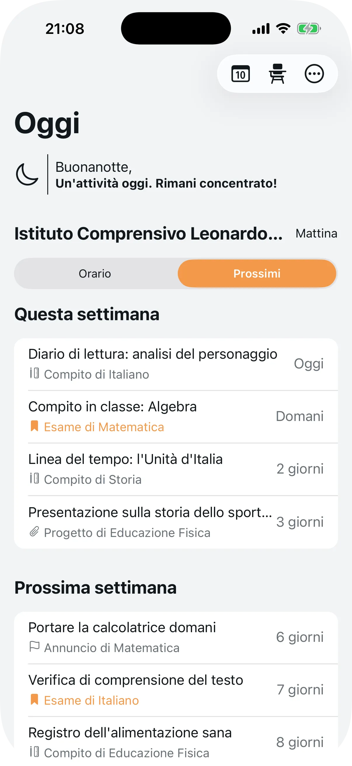 Visualizzazione Prossimi con appuntamenti futuri organizzati per settimana