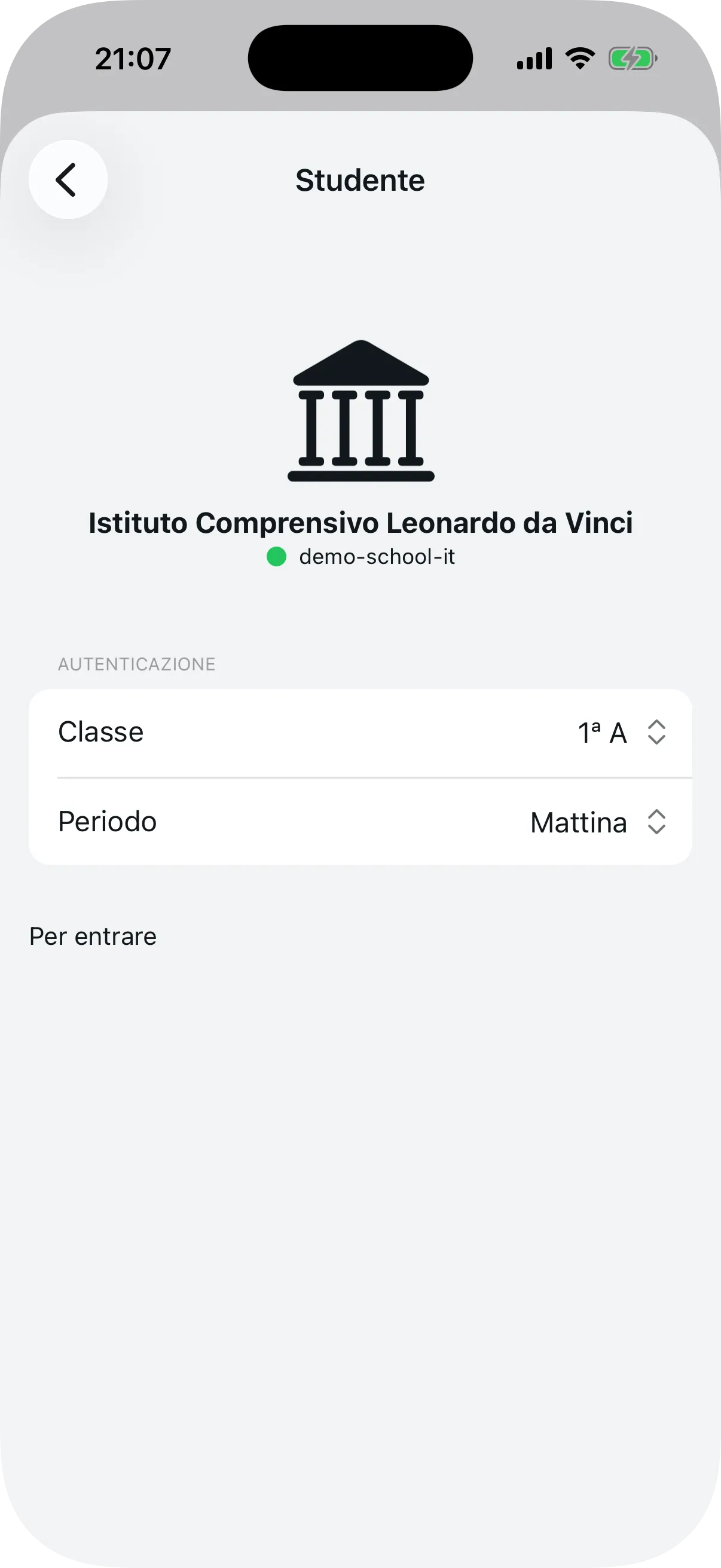 Schermata di conferma della scuola con selezione di classe e periodo