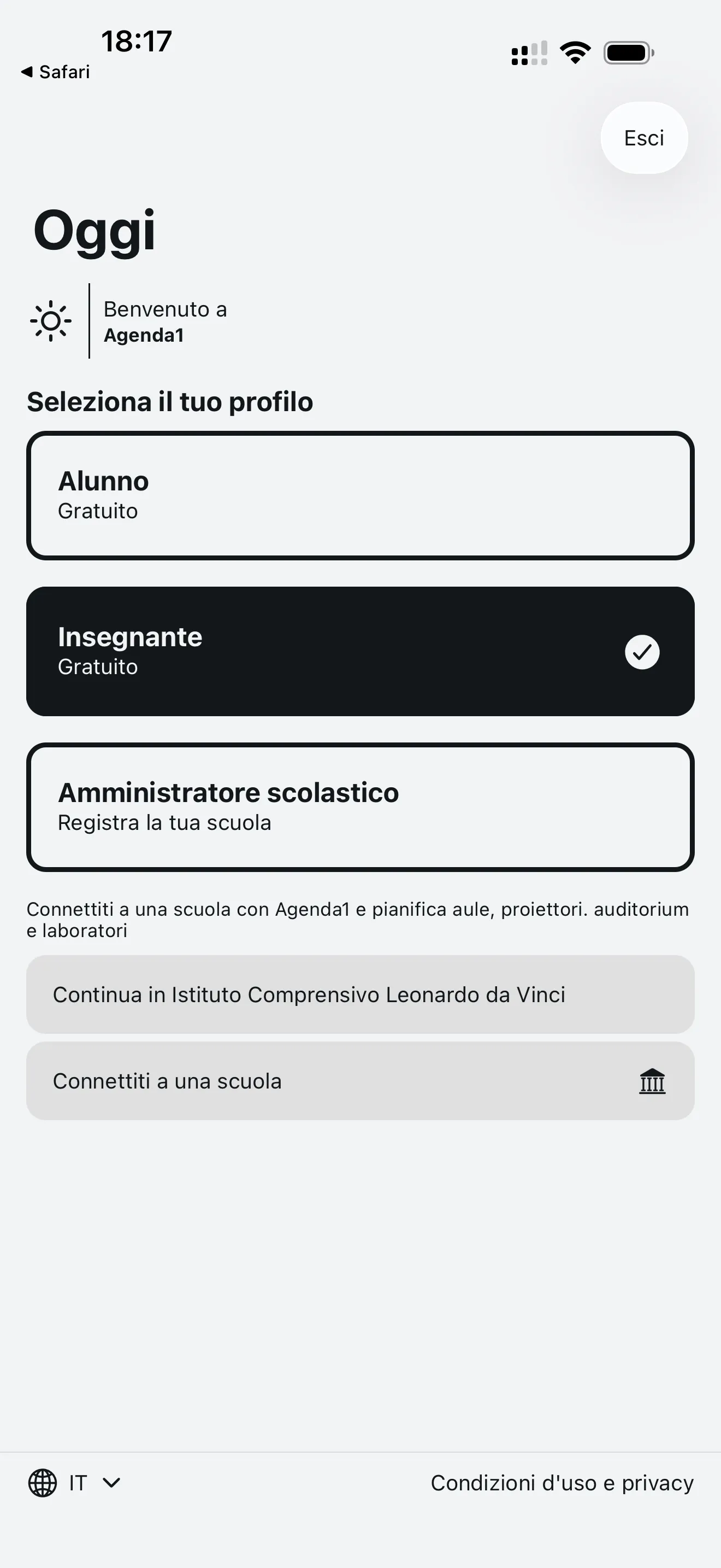 Schermata iniziale di Agenda1 con profilo insegnante selezionato e pulsante di collegamento