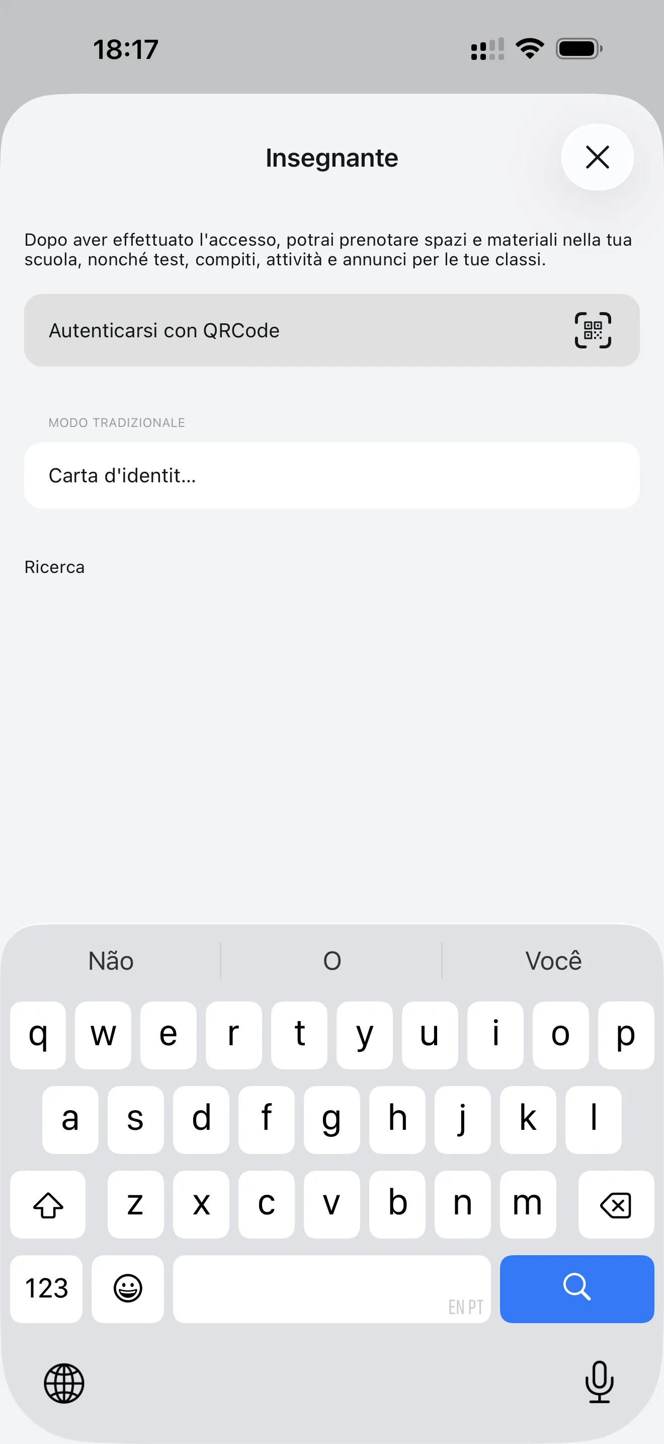 Schermata di onboarding dell'insegnante con opzioni QR Code e Modo Tradizionale