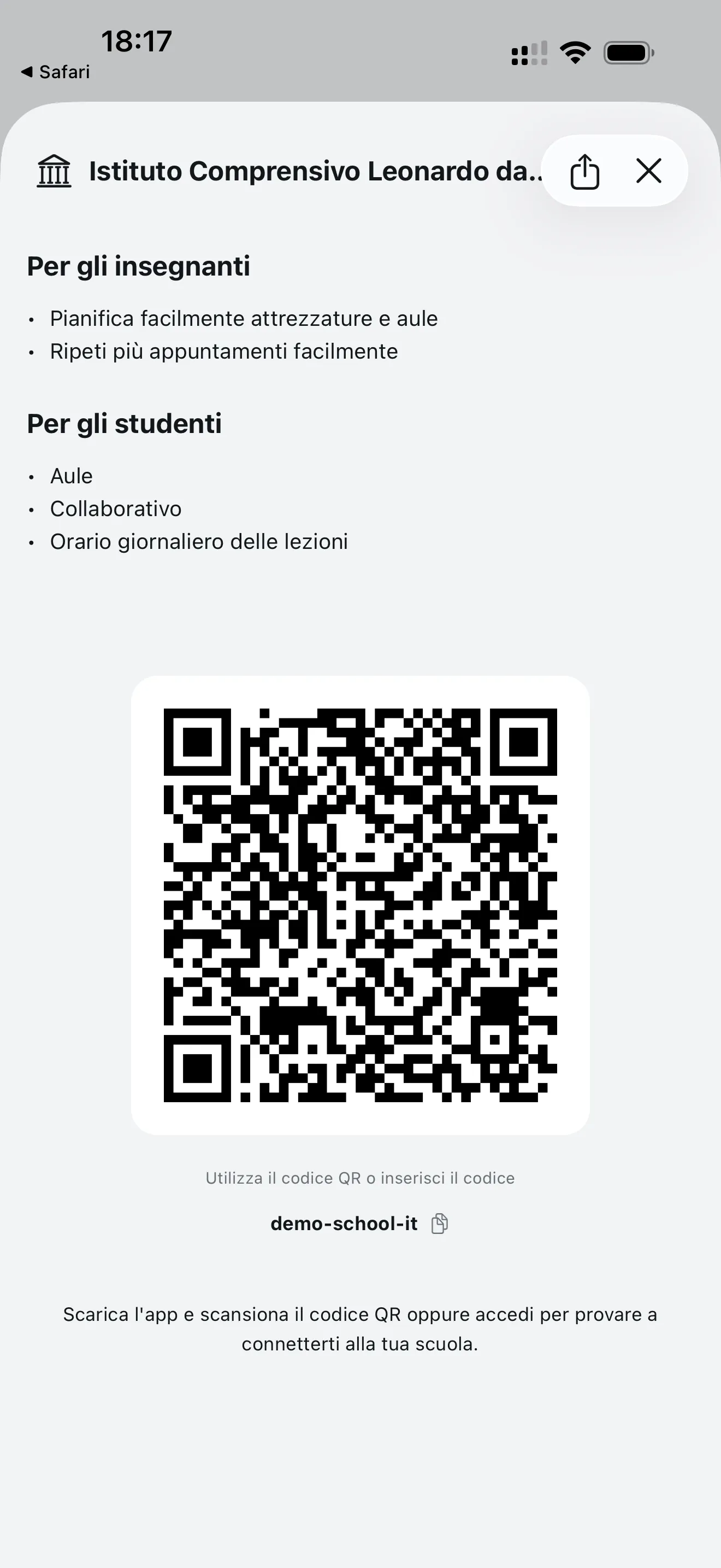 Schermata con codice QR della scuola per invitare insegnanti e studenti