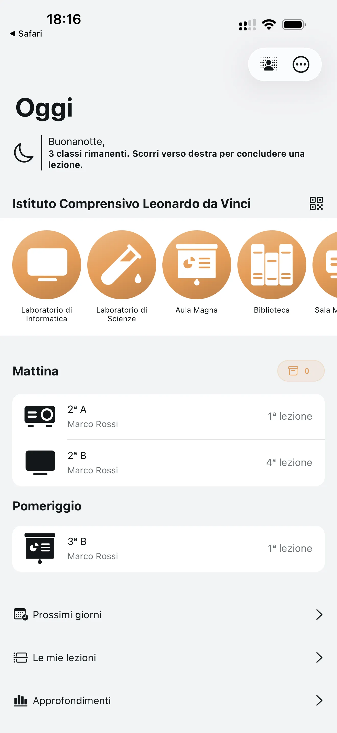 Pannello dell'insegnante dopo il collegamento riuscito con le prenotazioni del giorno