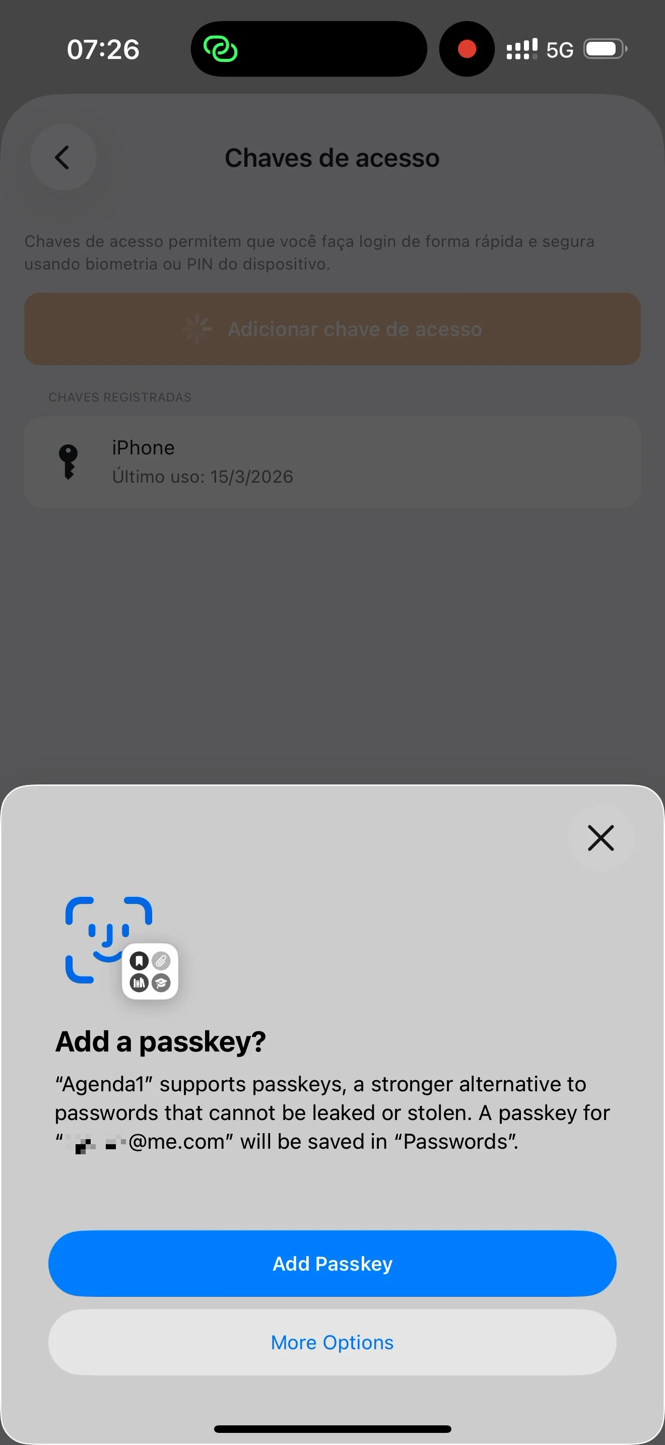 Aviso del sistema pidiendo confirmación para añadir una clave de acceso
