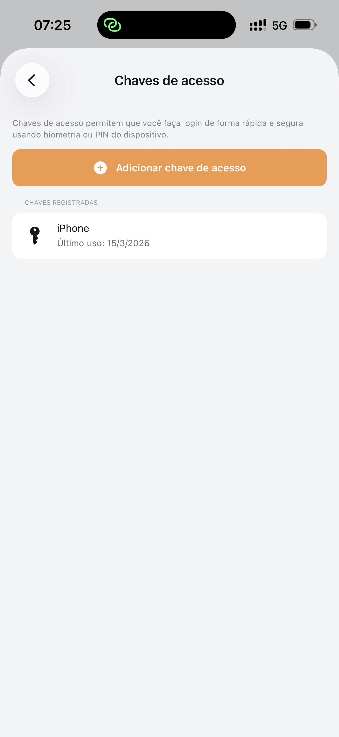 Pantalla de configuración de claves de acceso con botón para añadir