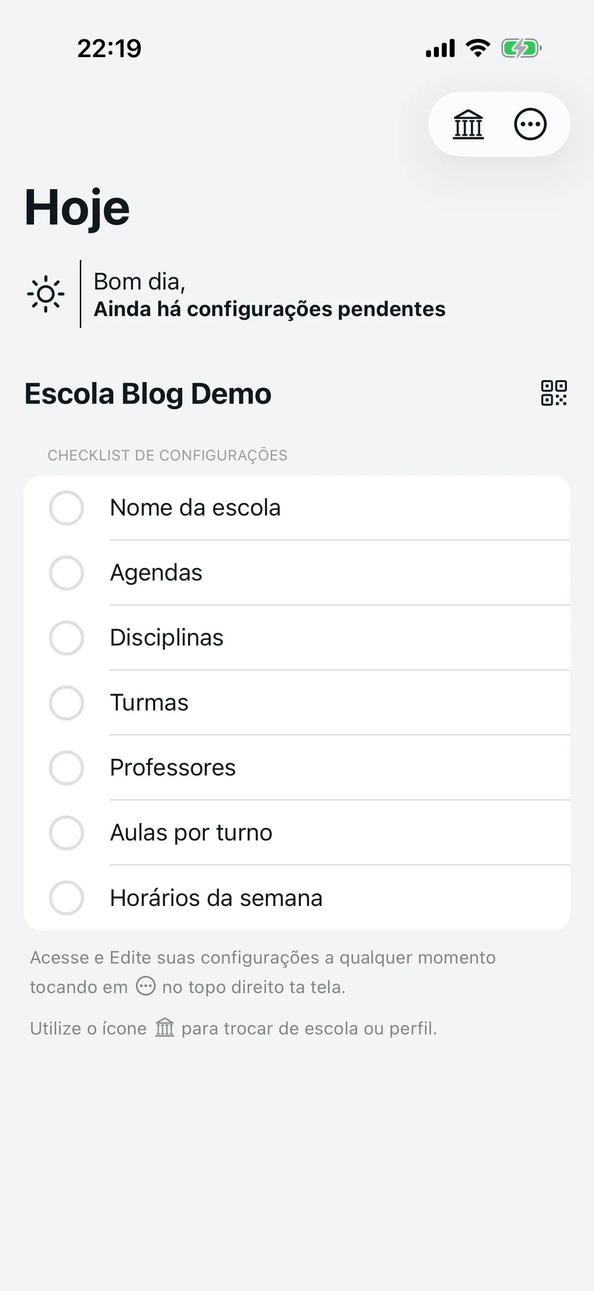 Checklist de configuração no painel do administrador com 7 itens pendentes