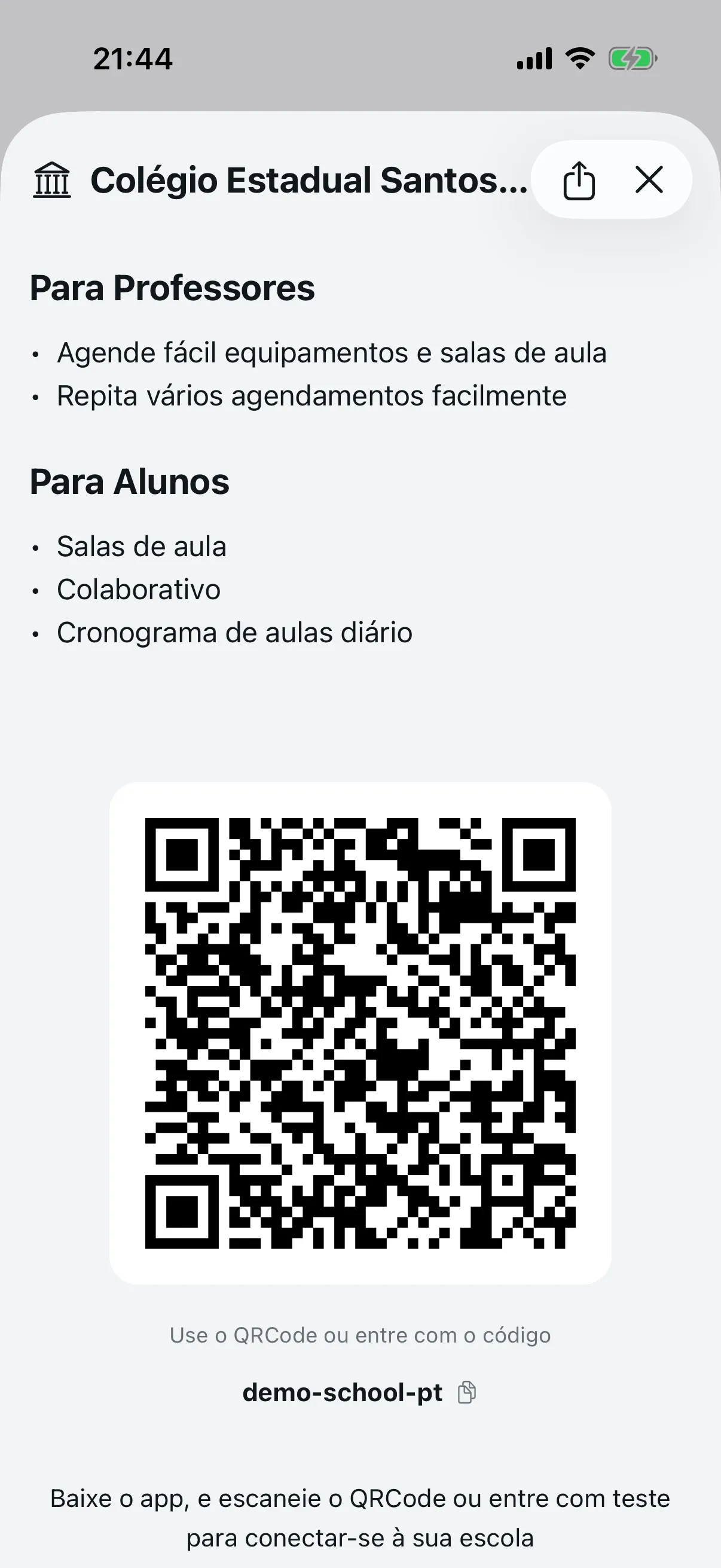 Tela com QR Code para convite de professores e alunos