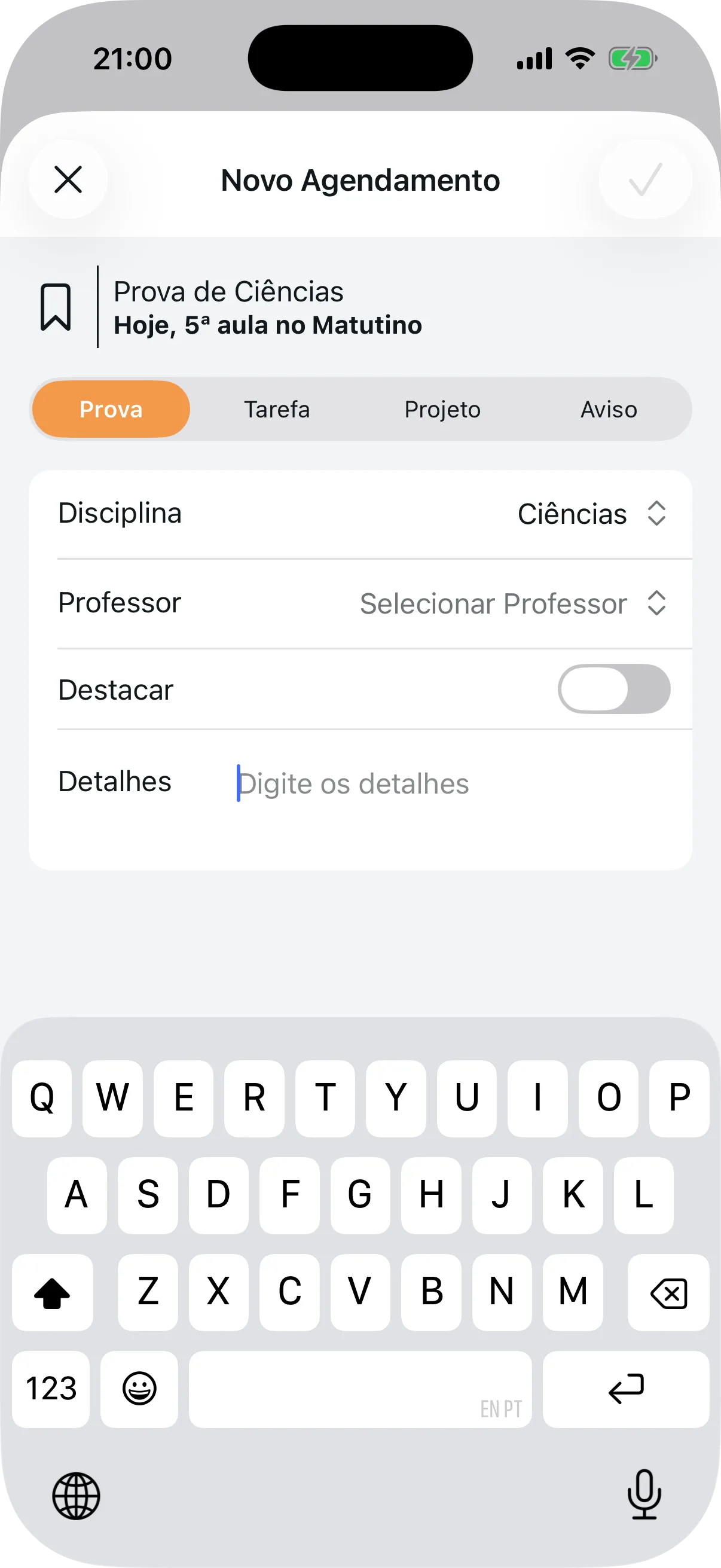 Formulário de novo agendamento com categoria, disciplina, professor e detalhes