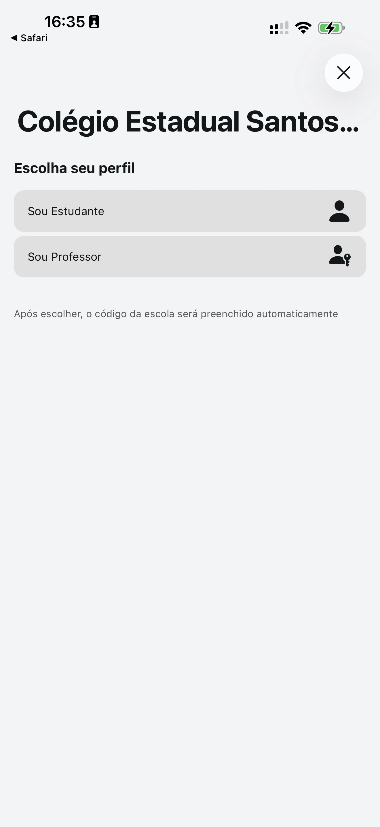 Página schools.agenda1.app no navegador mostrando o nome da escola e botões de download