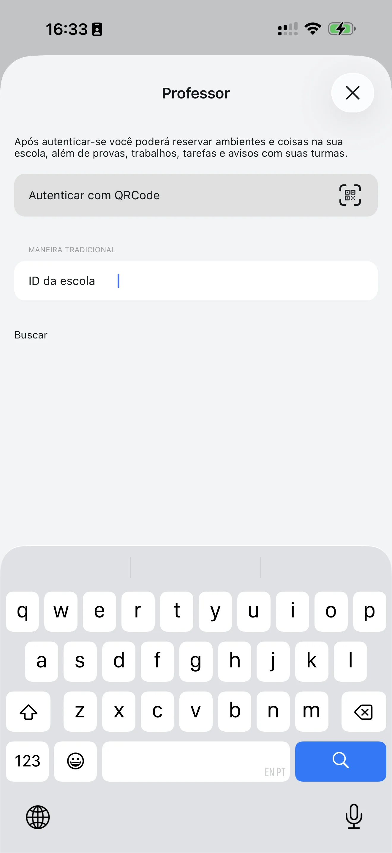 Tela de onboarding do professor com opções de QR Code e Maneira Tradicional