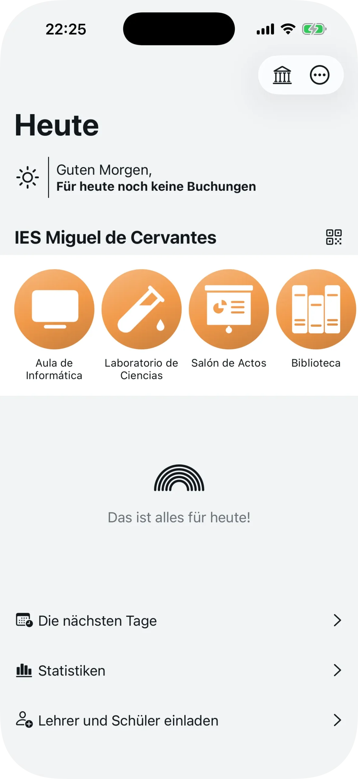 Administrations-Dashboard mit Agenden-Karussell und Buchungen des Tages