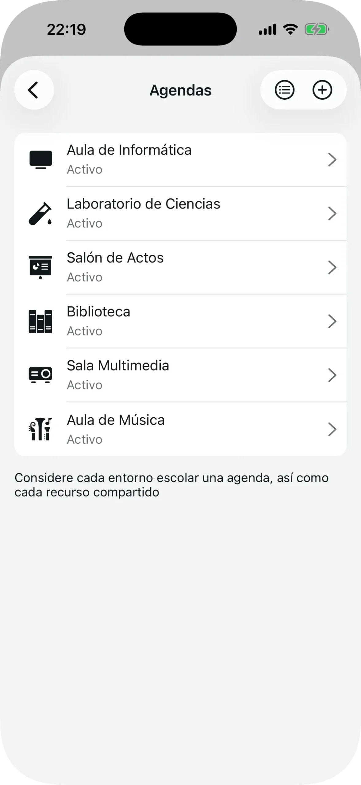 Pantalla de creación de agenda con campo de título y selección de icono
