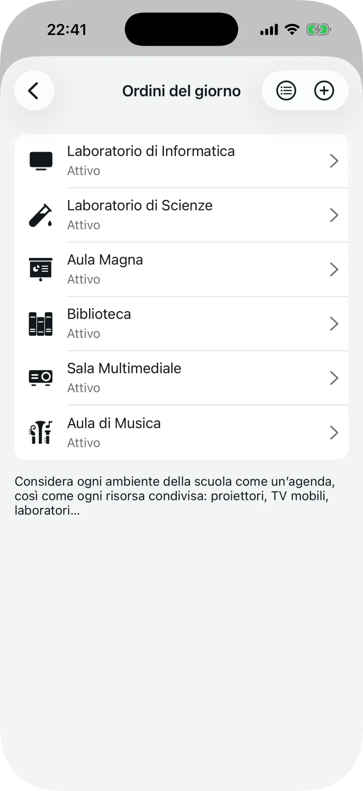Schermata di creazione agenda con campo titolo e selezione icona