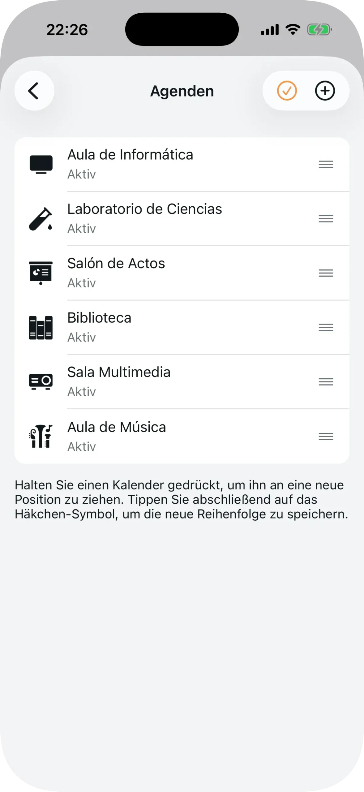 Liste der erstellten Agenden mit Symbolen und Status