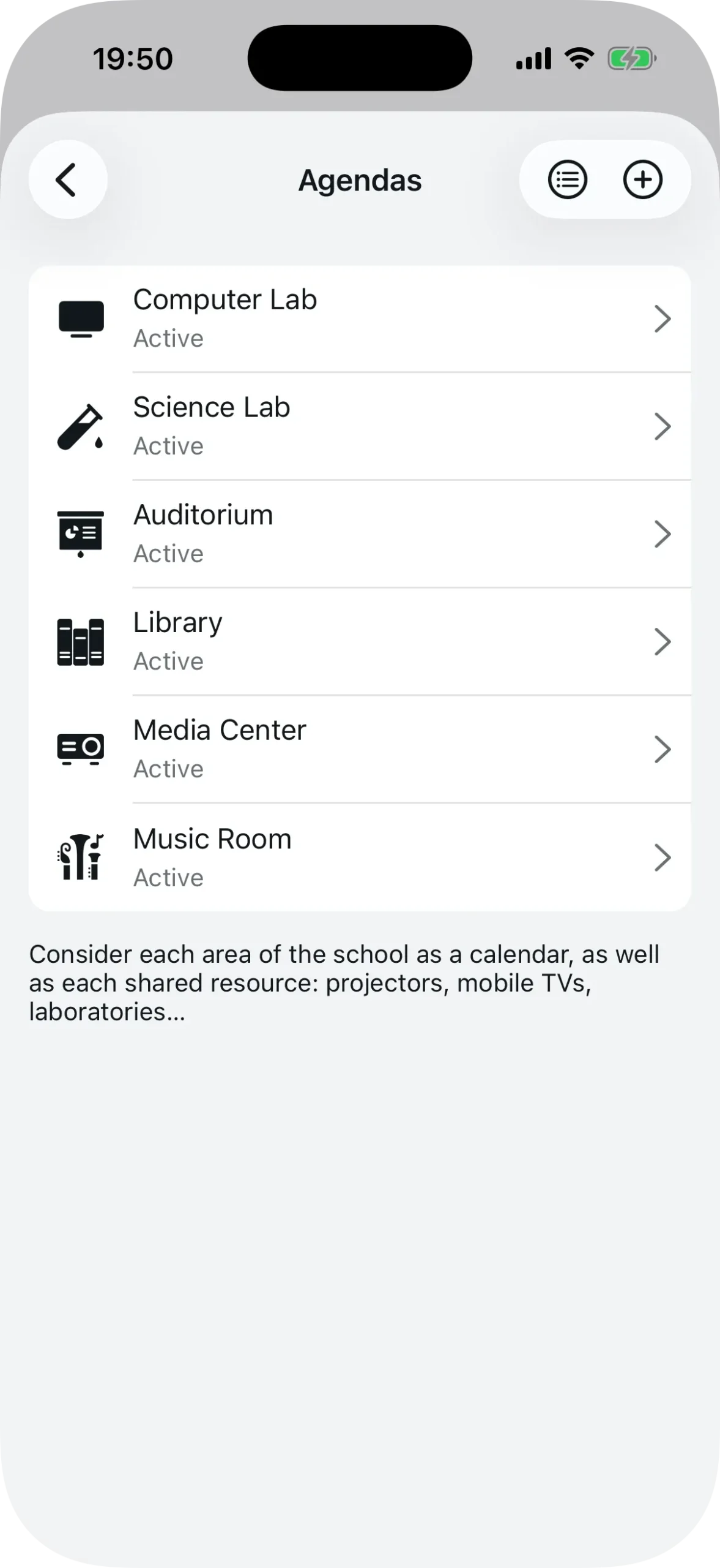 List of created agendas with icons and status