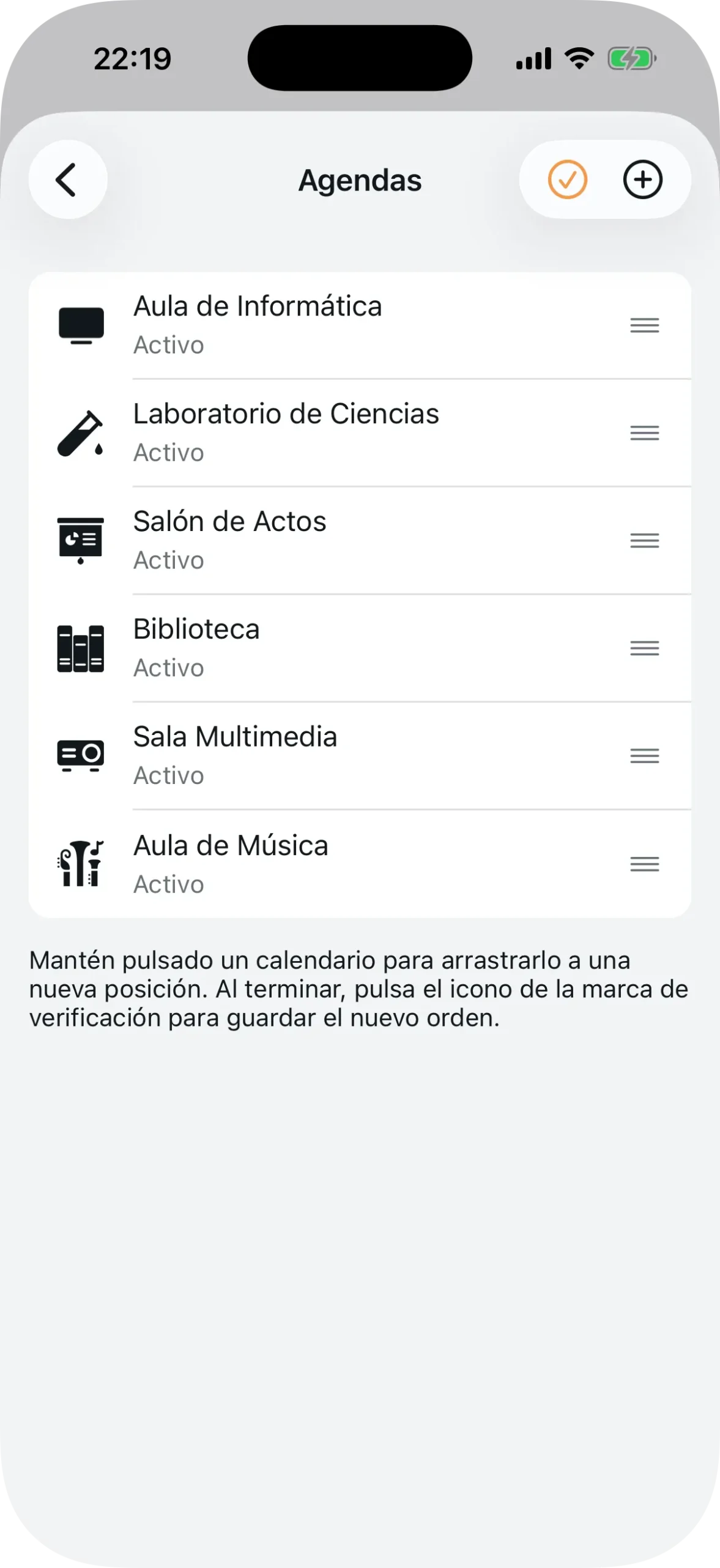 Lista de agendas creadas con iconos y estado