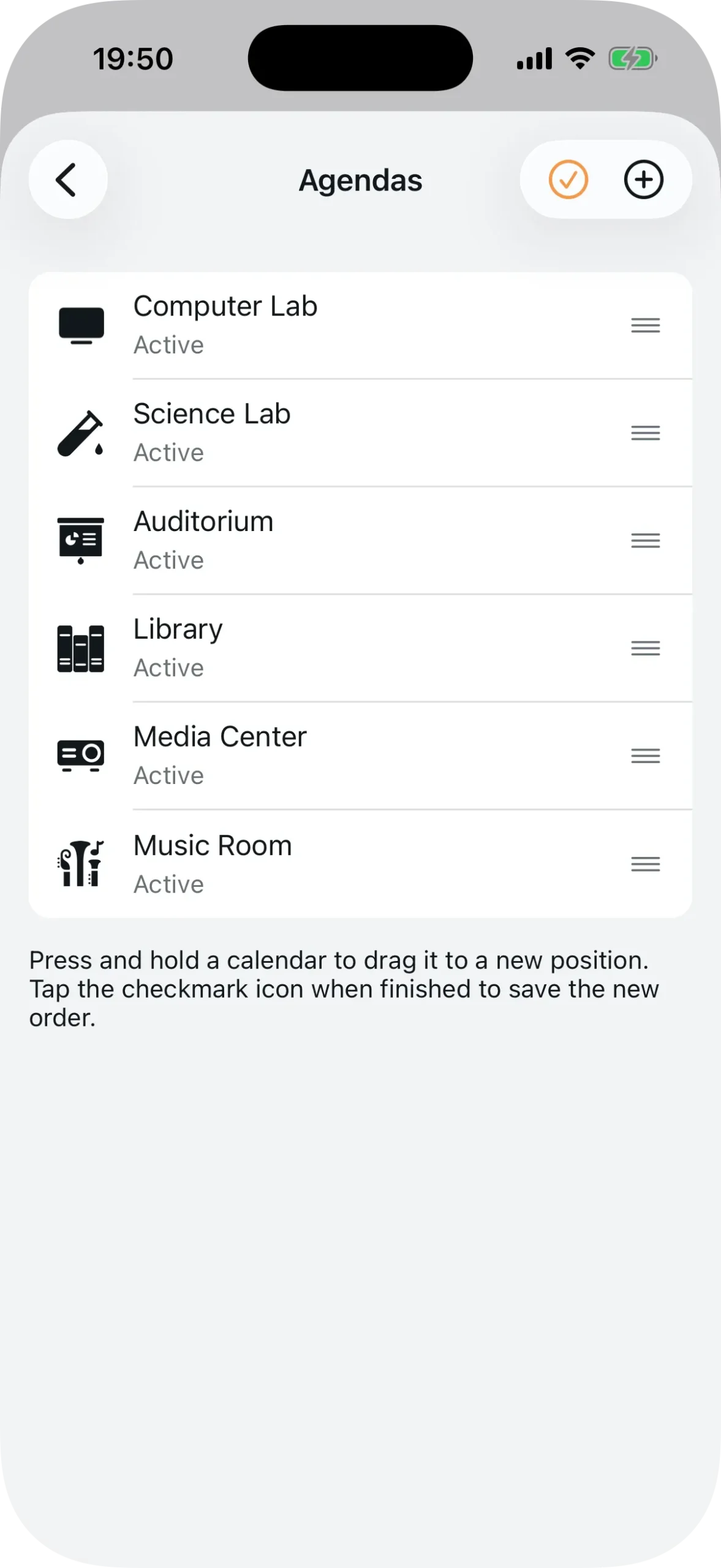 Agenda reorder mode with drag handles