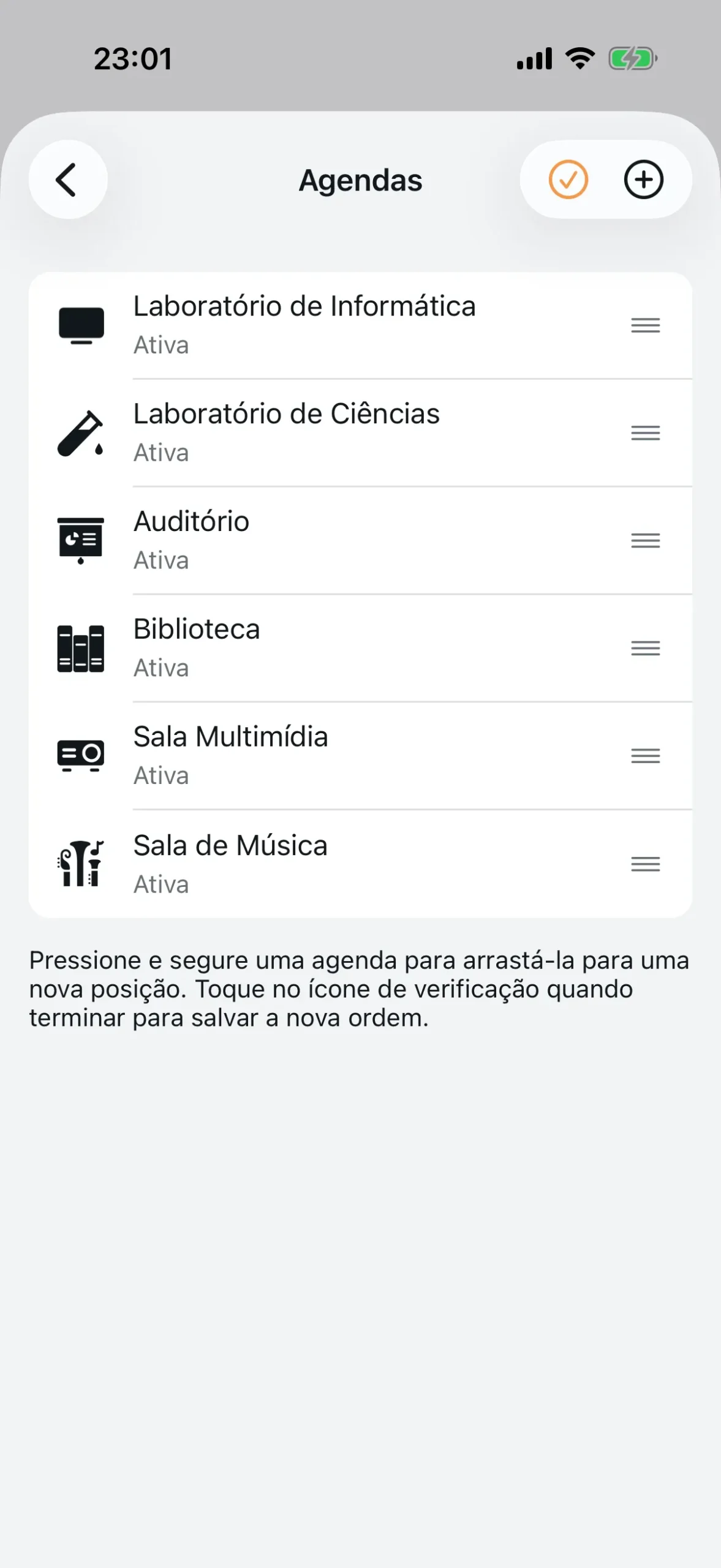Modo de reordenação de agendas com alças de arrasto
