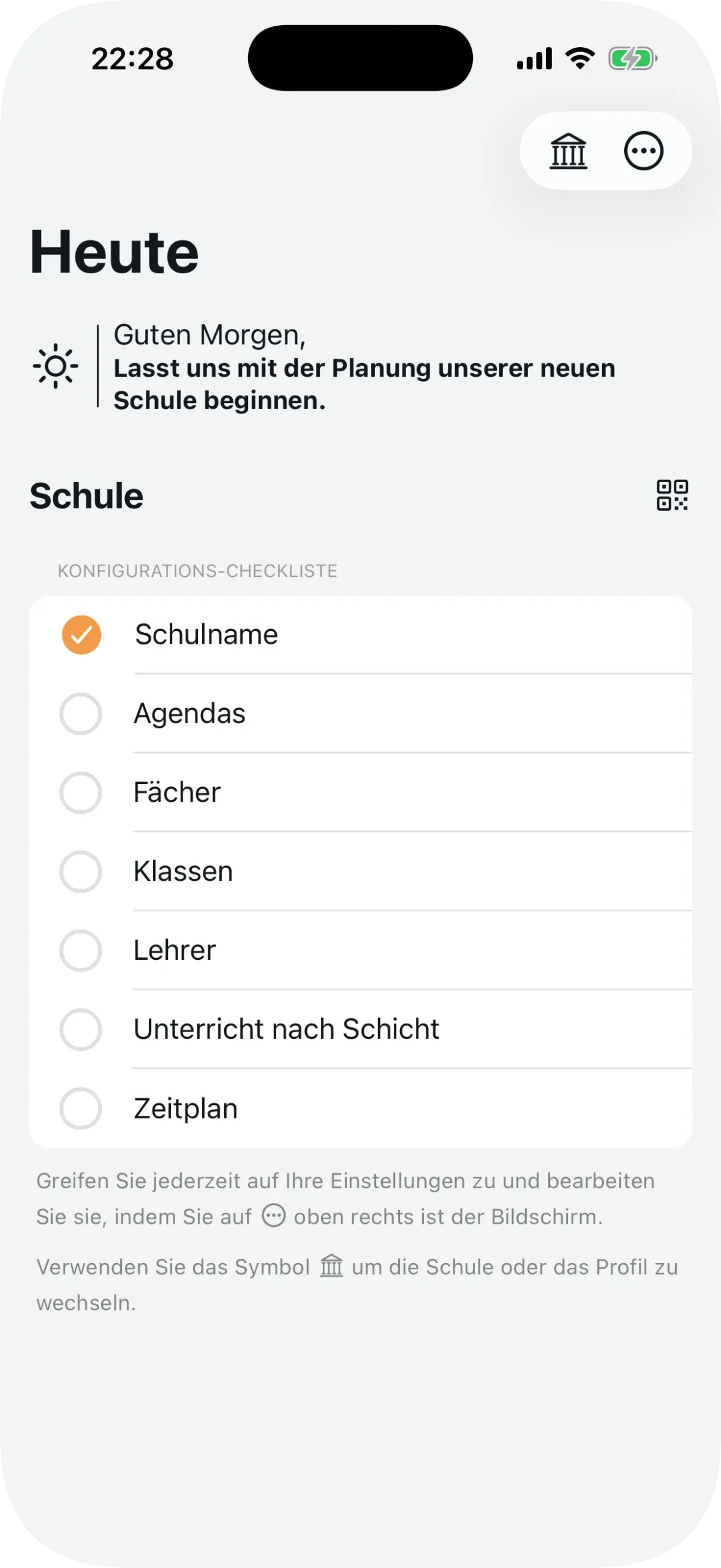 Konfigurationscheckliste im Administrations-Dashboard mit 7 offenen Punkten